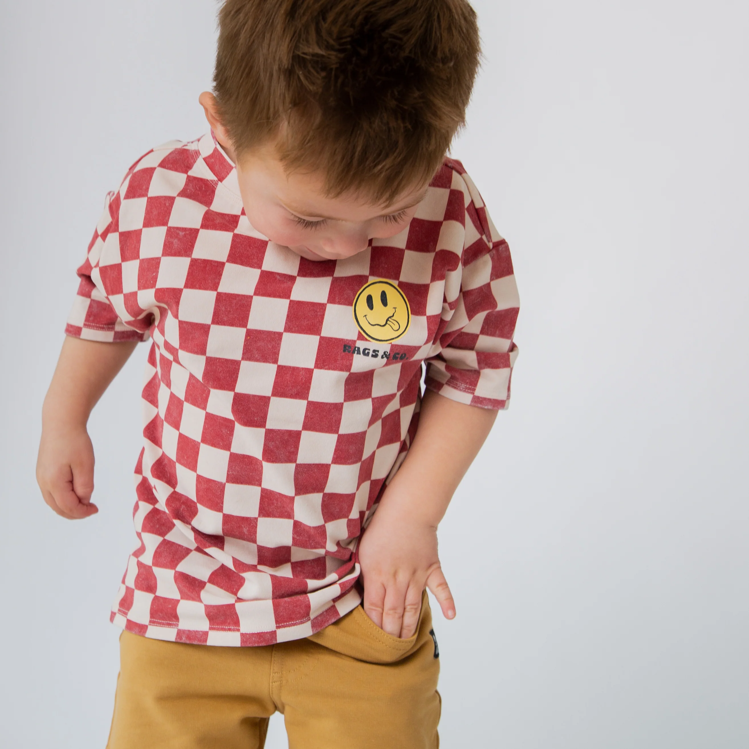 Drop Shoulder Tee - Red Check Smiley - Image 5