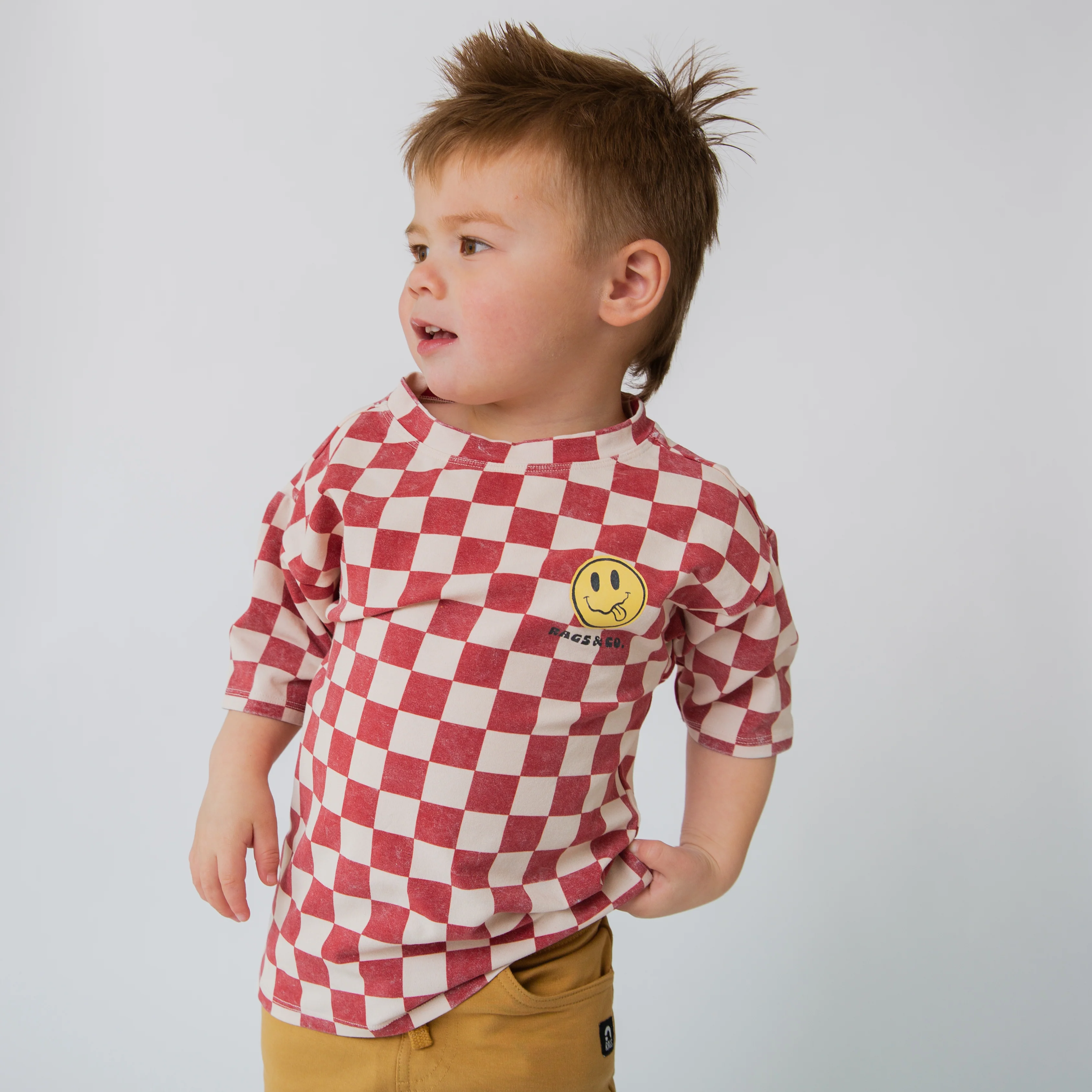 Drop Shoulder Tee - Red Check Smiley - Image 6