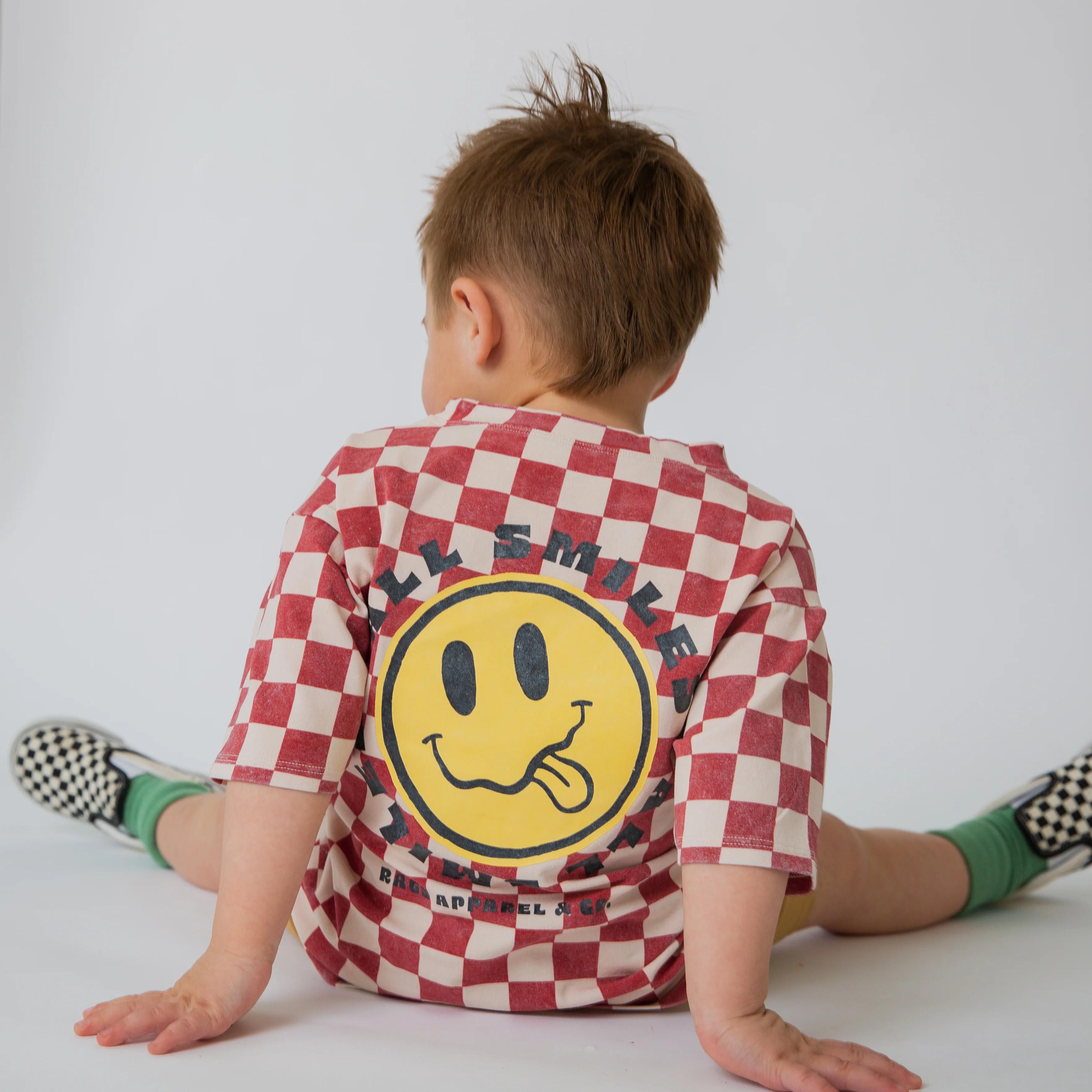 Drop Shoulder Tee - Red Check Smiley - Image 7
