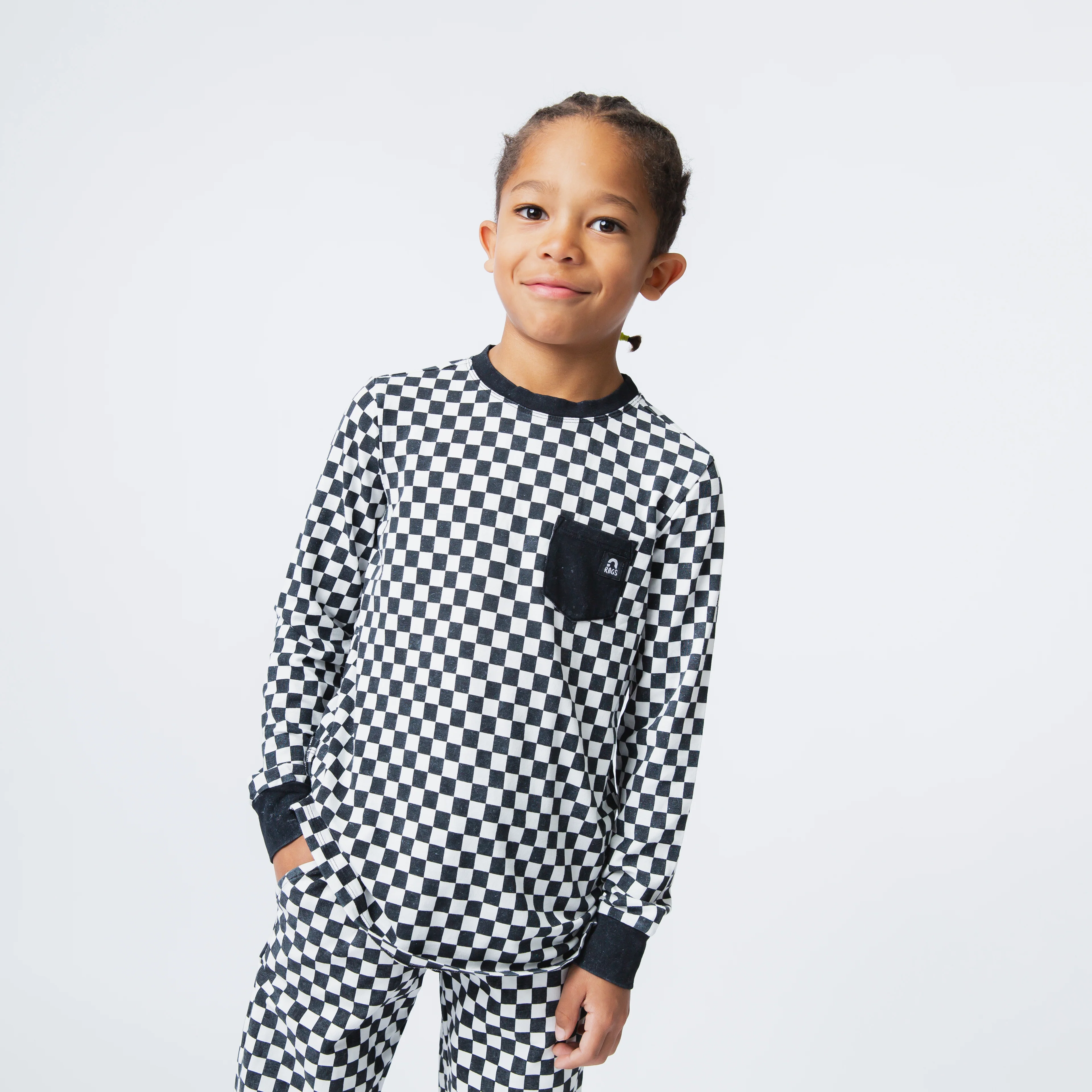 Essentials Long Sleeve Tee - Black & White Check - Image 2