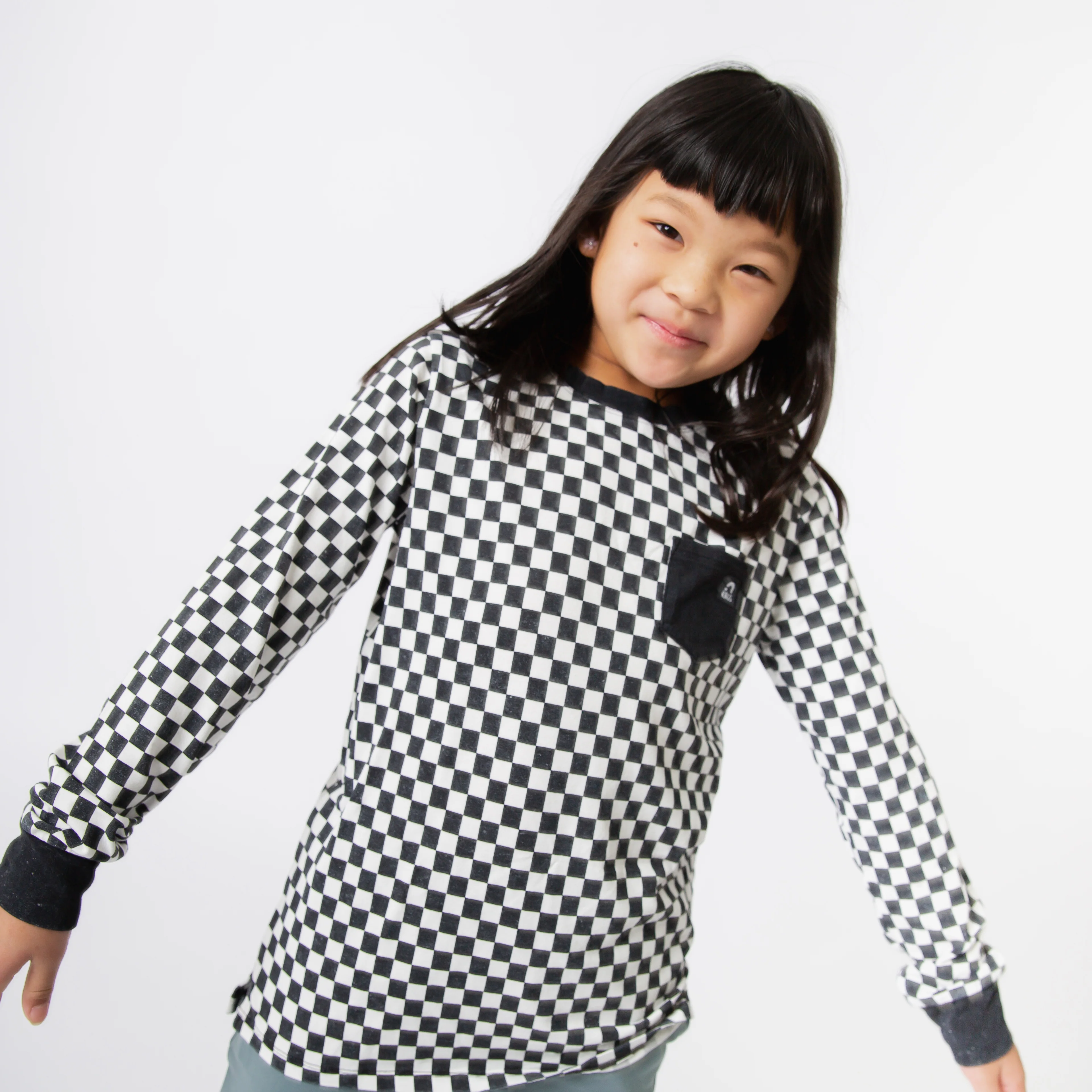 Essentials Long Sleeve Tee - Black & White Check - Image 3