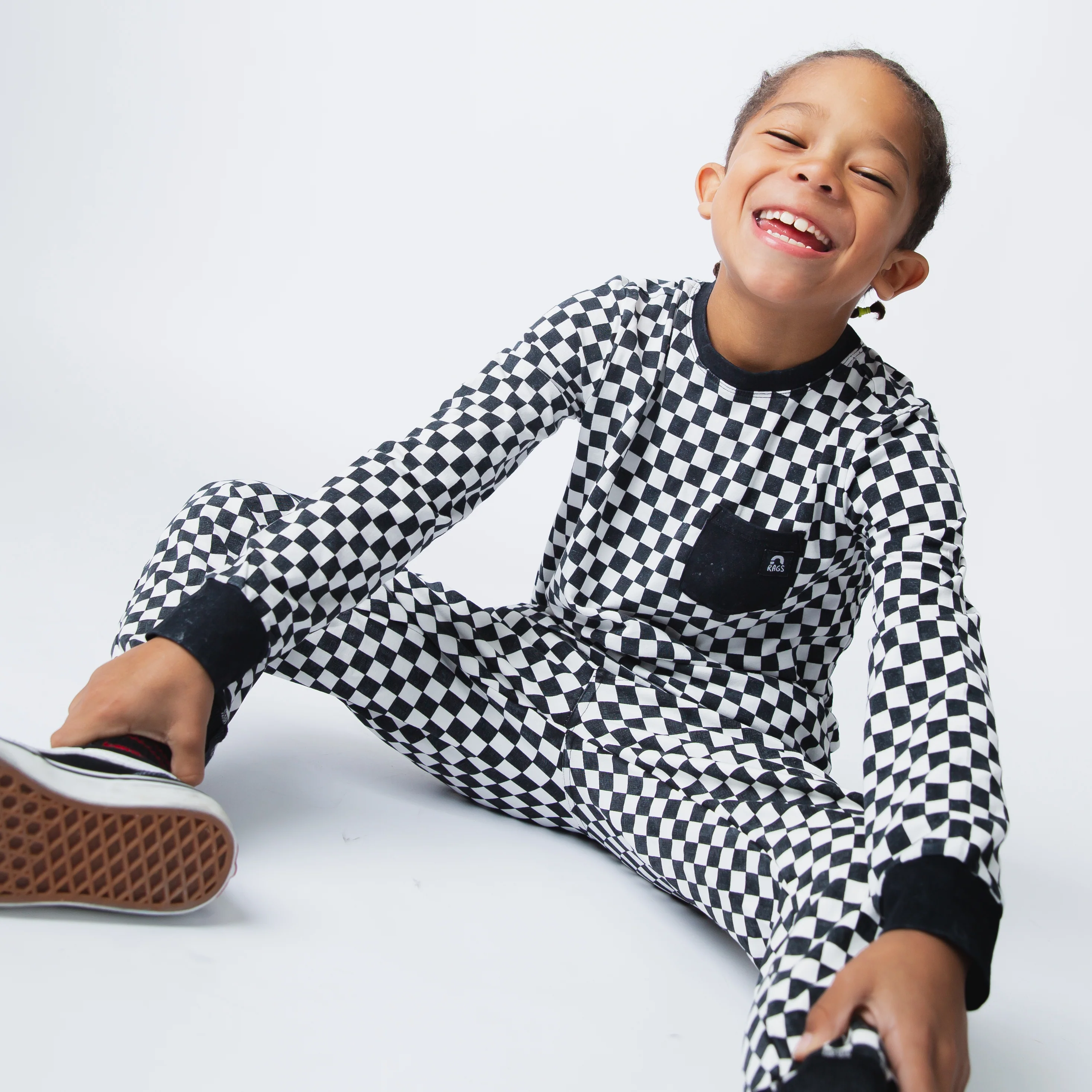 Essentials Long Sleeve Tee - Black & White Check - Image 4
