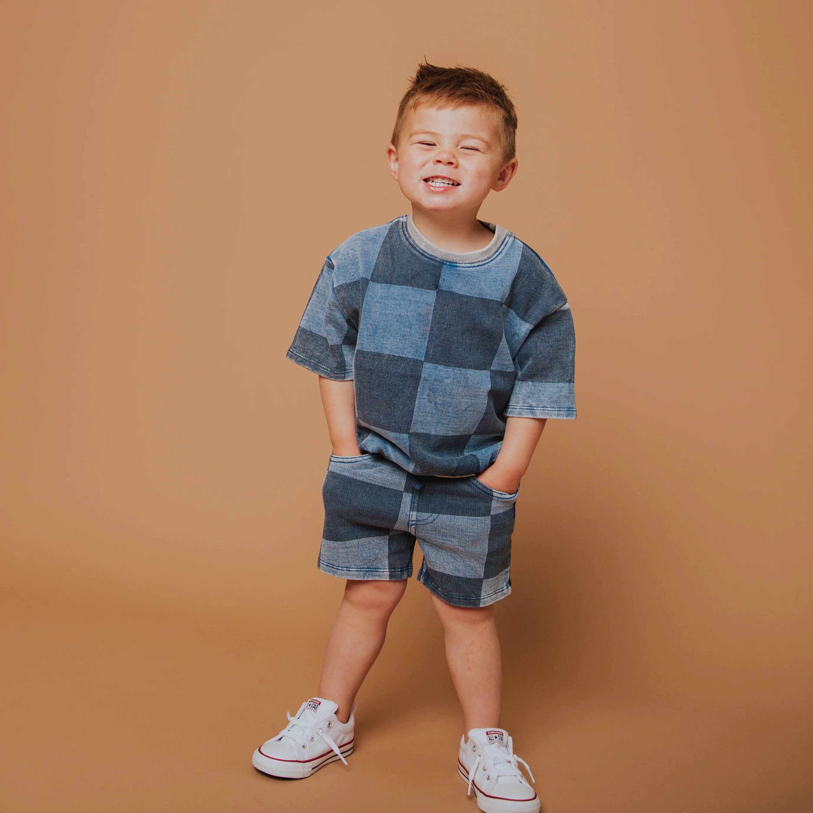 Short Sleeve Crewneck - Blue Denim Check
