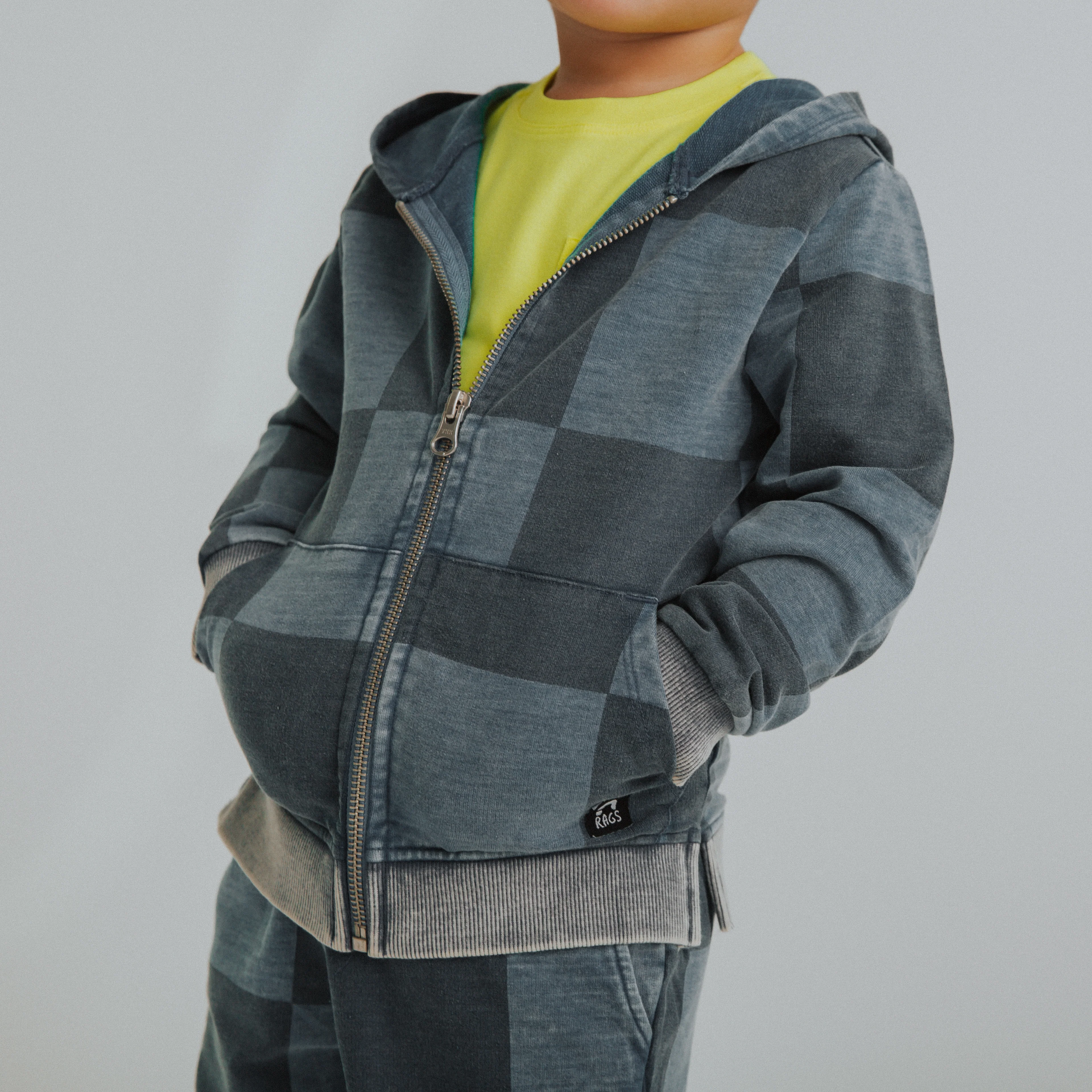 Kids Zip Up Hoodie - Blue Denim Check