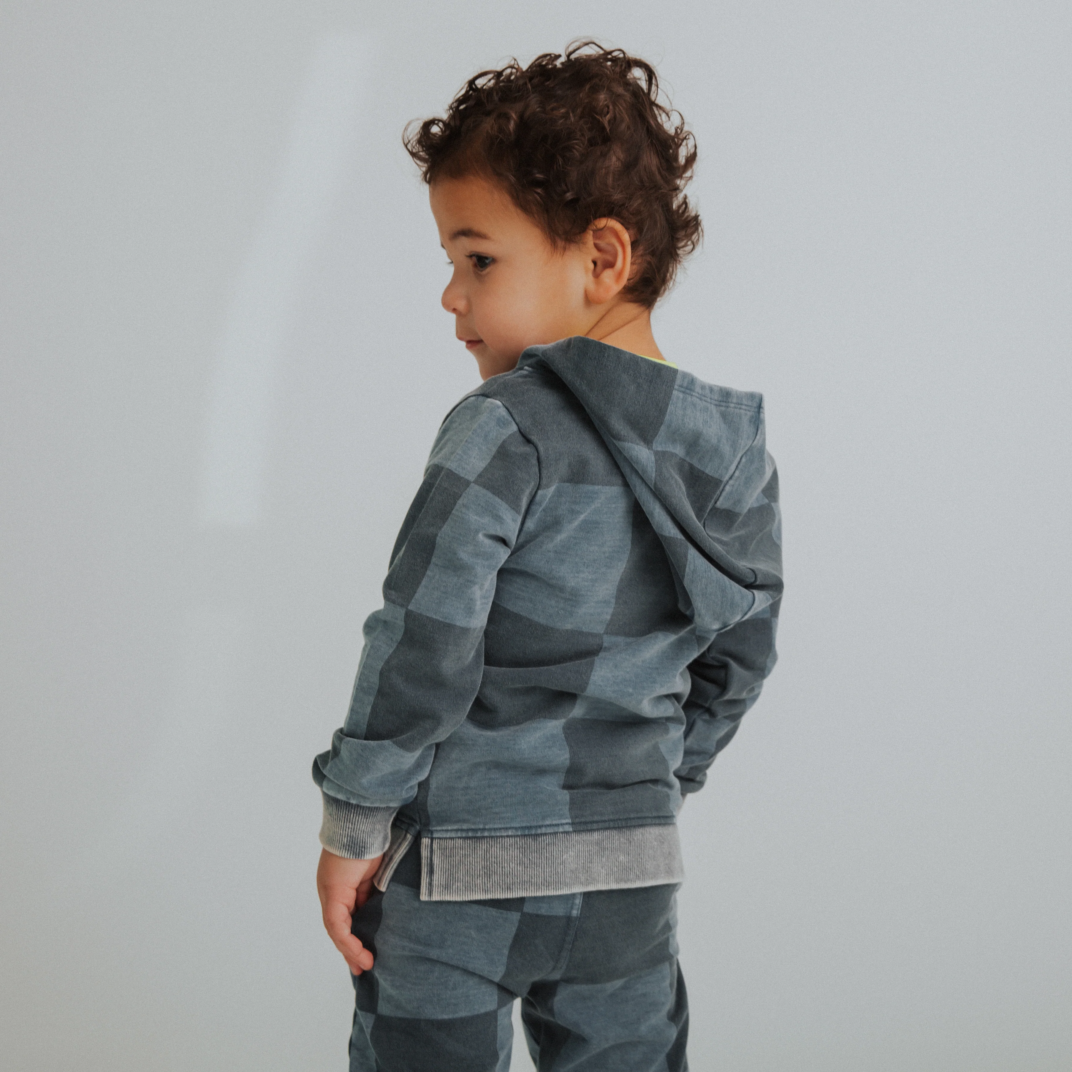 Kids Zip Up Hoodie - Blue Denim Check - Image 2
