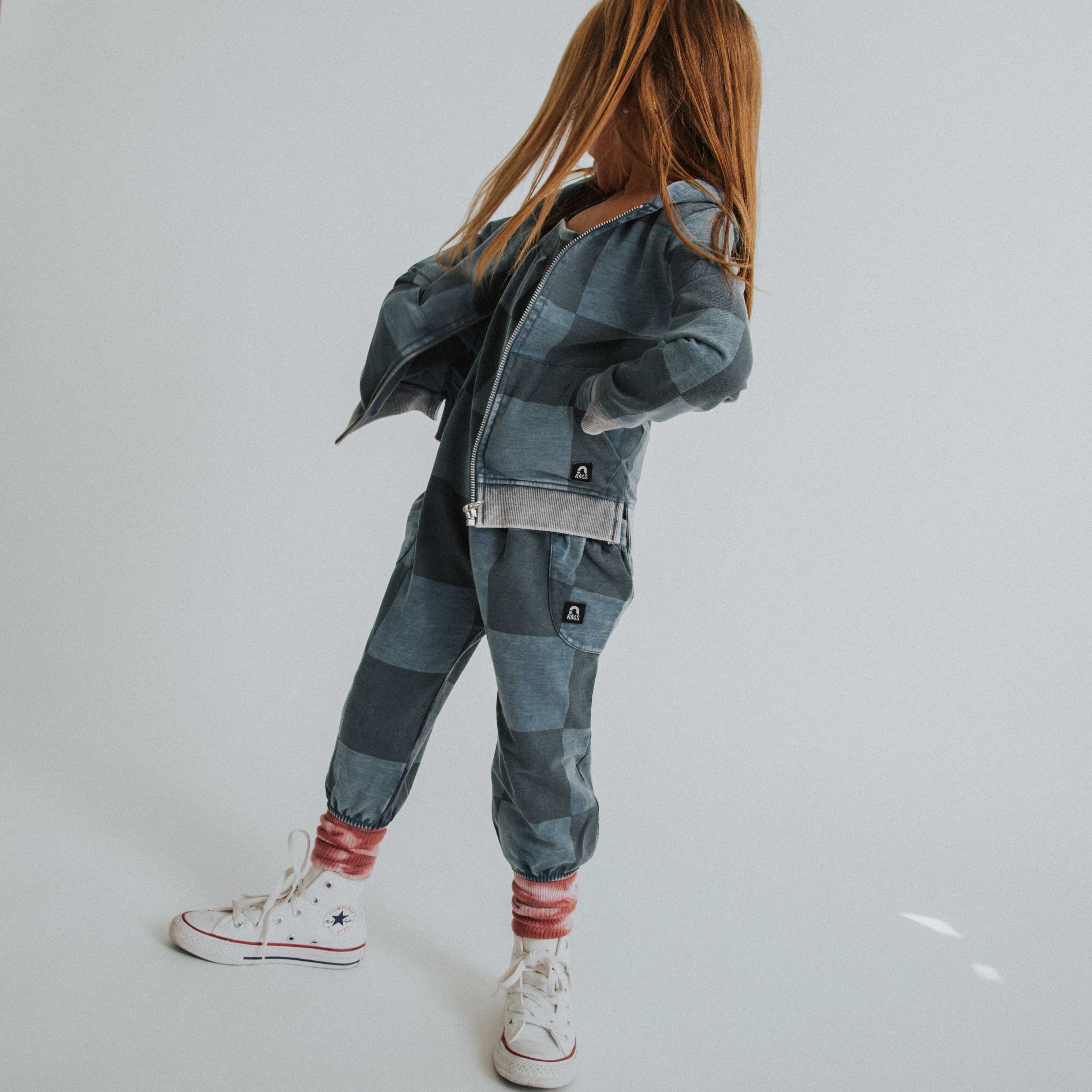 Kids Zip Up Hoodie - Blue Denim Check - Image 3