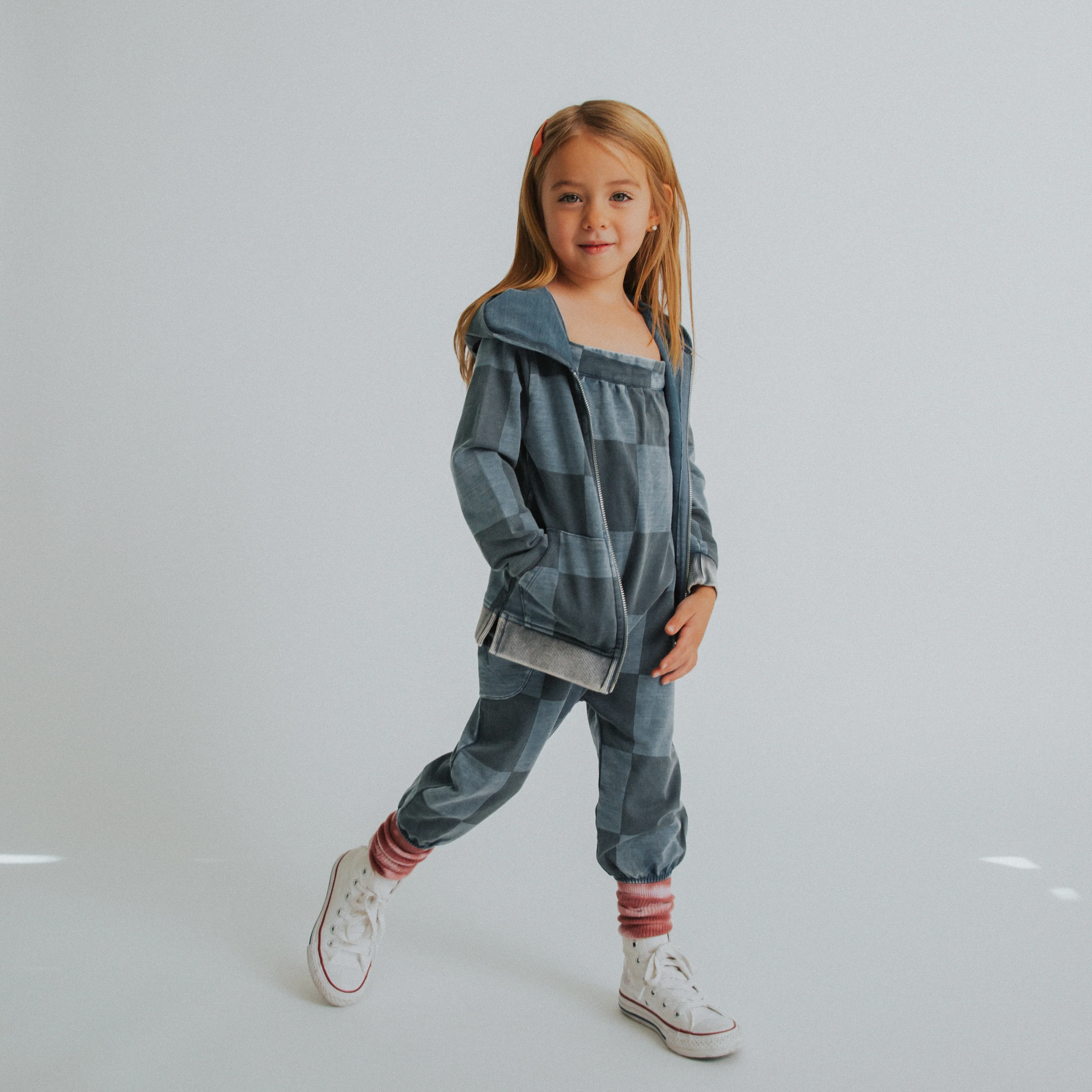 Kids Zip Up Hoodie - Blue Denim Check - Image 4