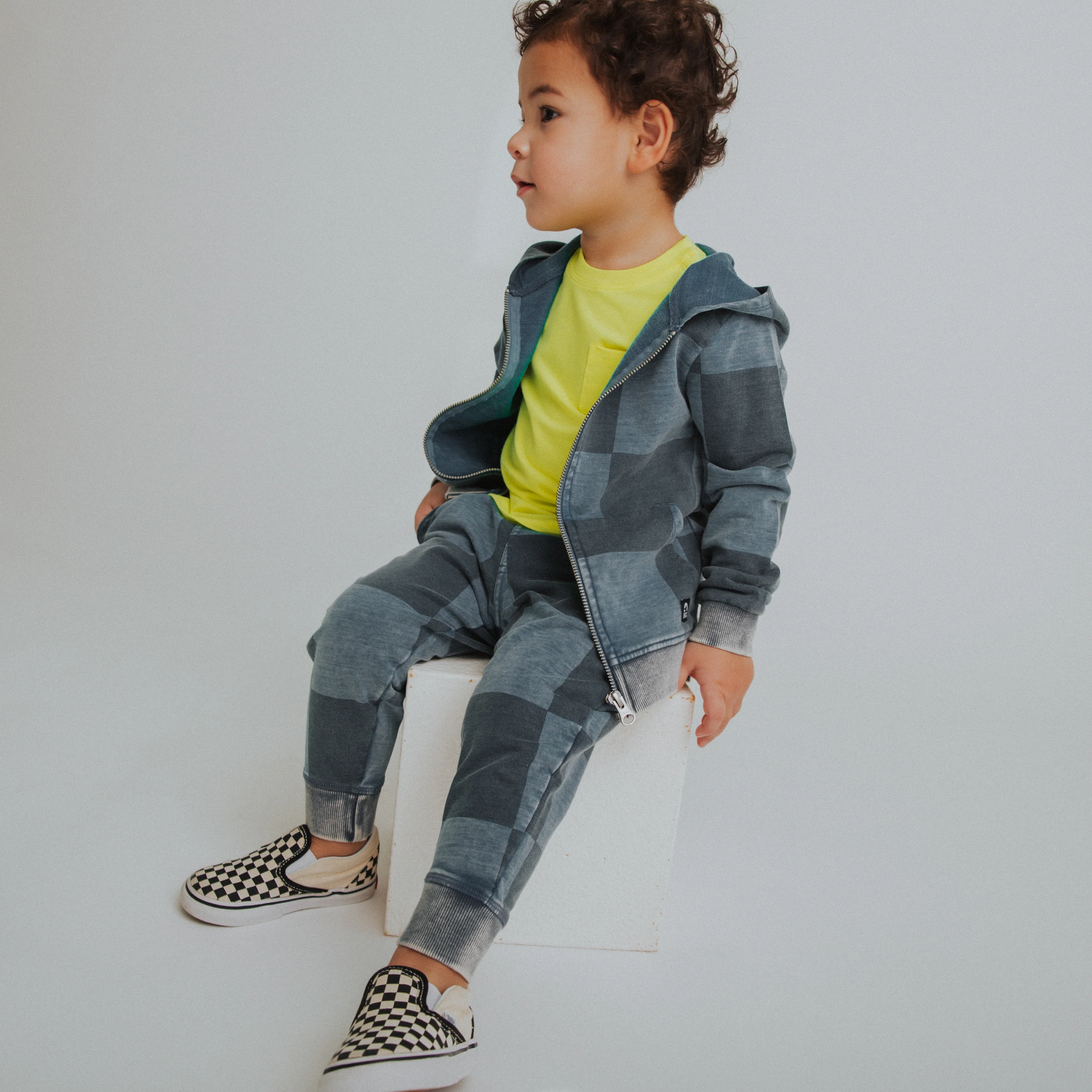 Kids Zip Up Hoodie - Blue Denim Check - Image 6