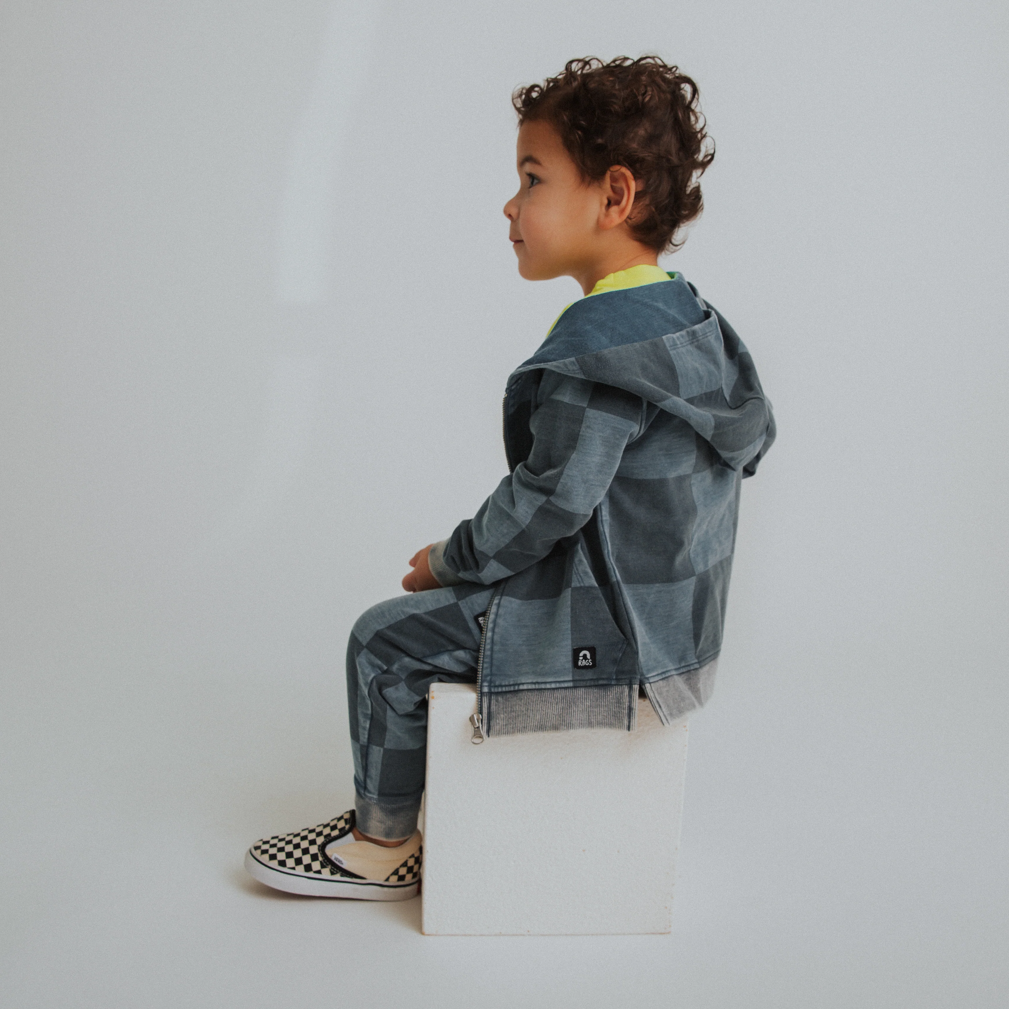 Kids Zip Up Hoodie - Blue Denim Check - Image 7