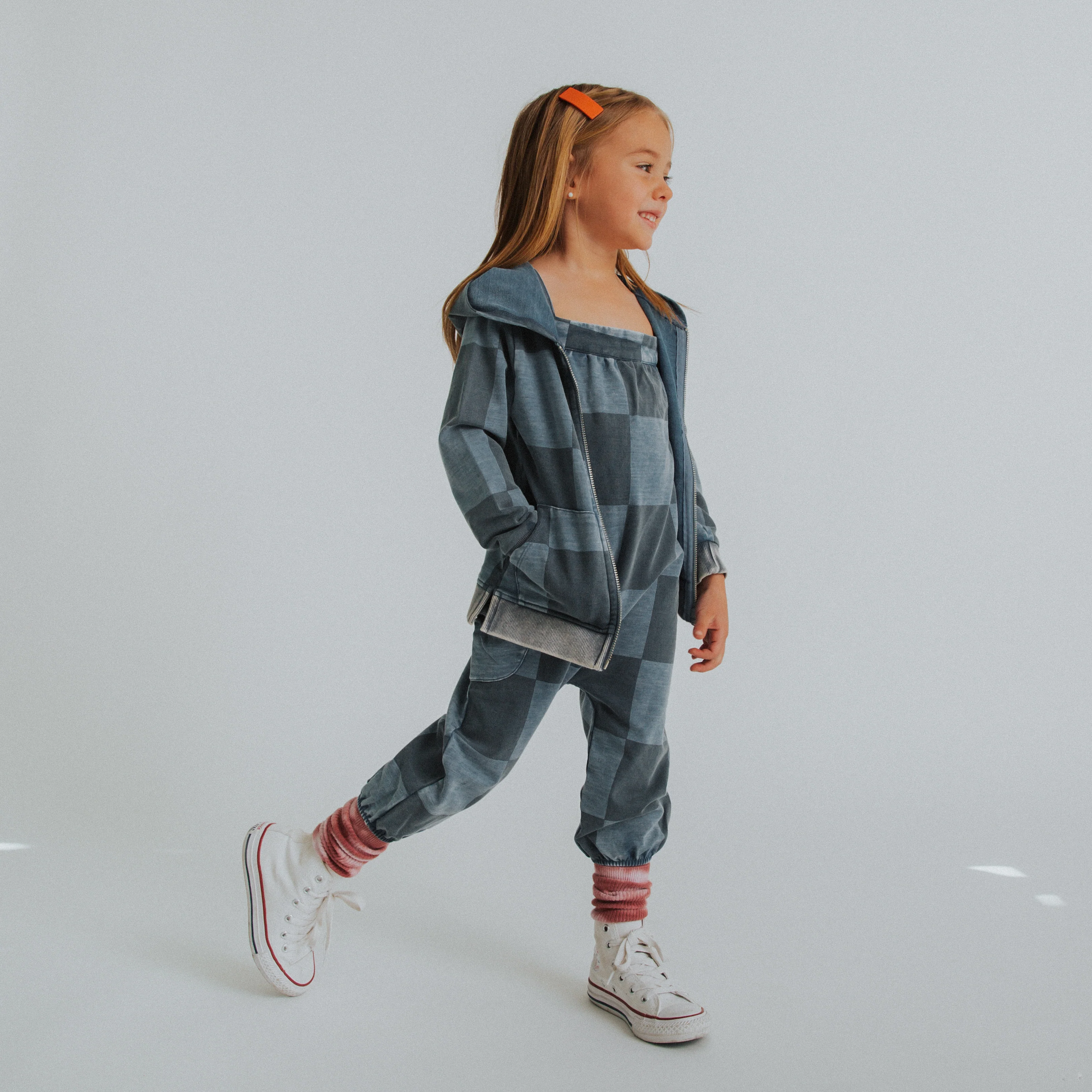 Kids Zip Up Hoodie - Blue Denim Check - Image 8