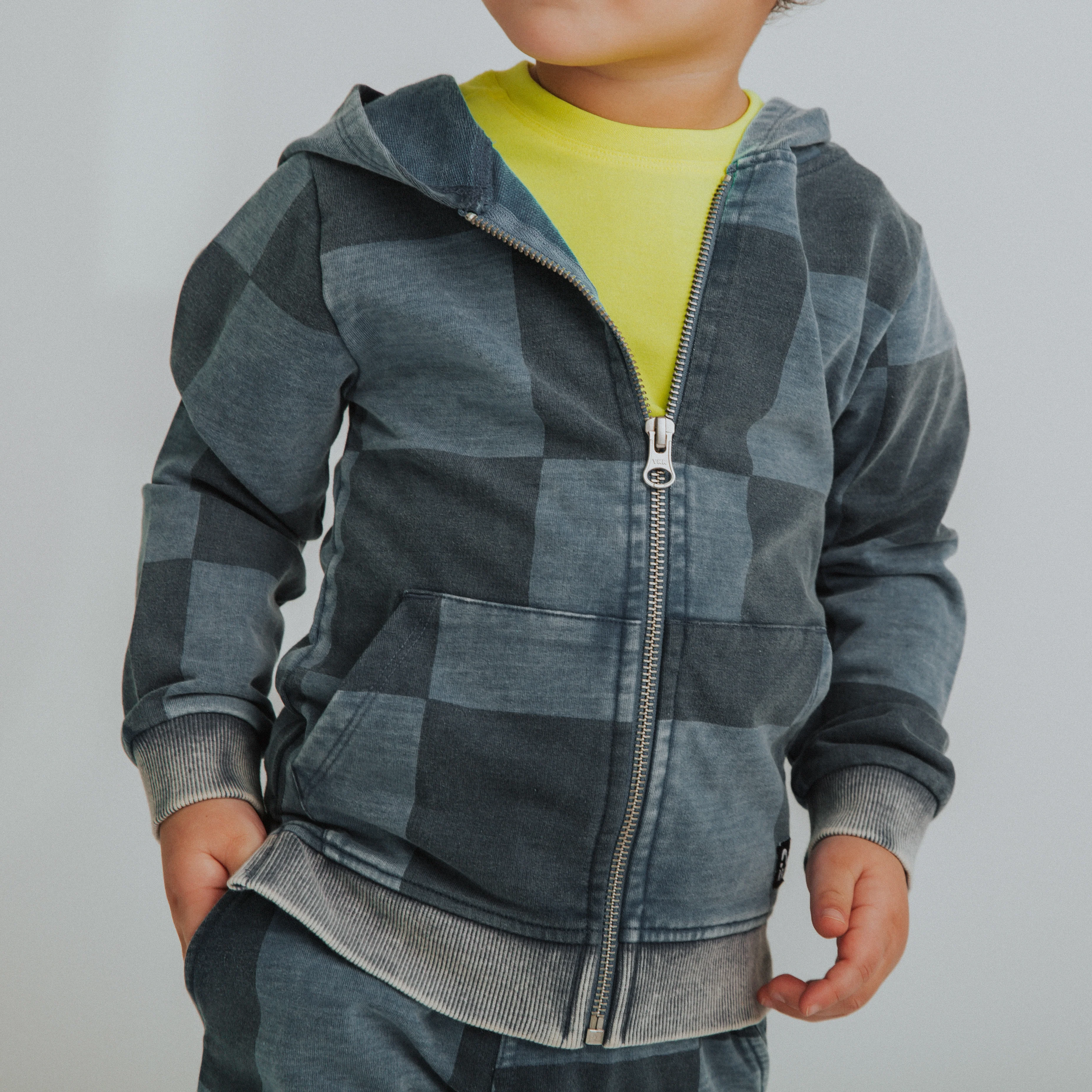 Kids Zip Up Hoodie - Blue Denim Check - Image 9