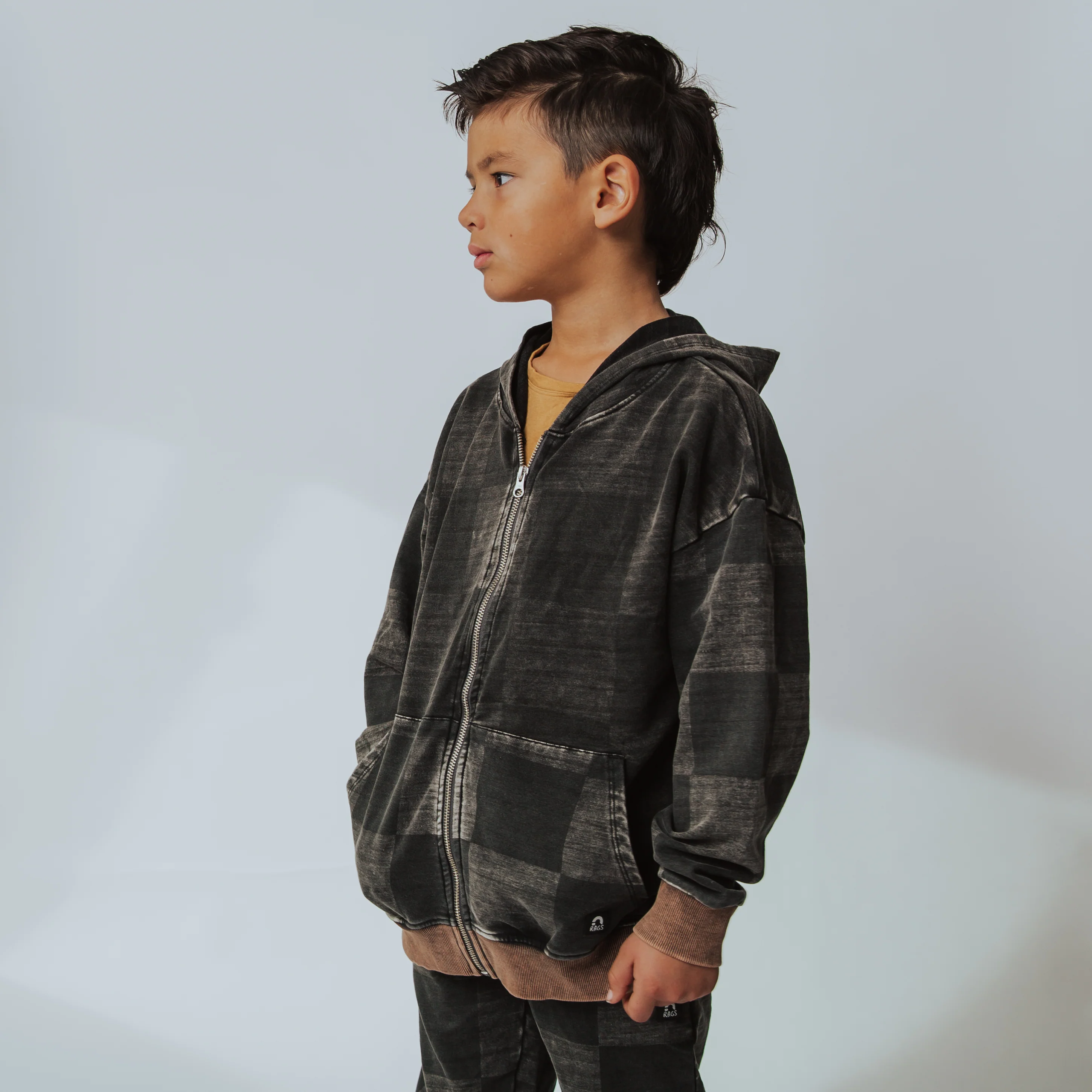Zip Up Hoodie - Washed Black Denim Check