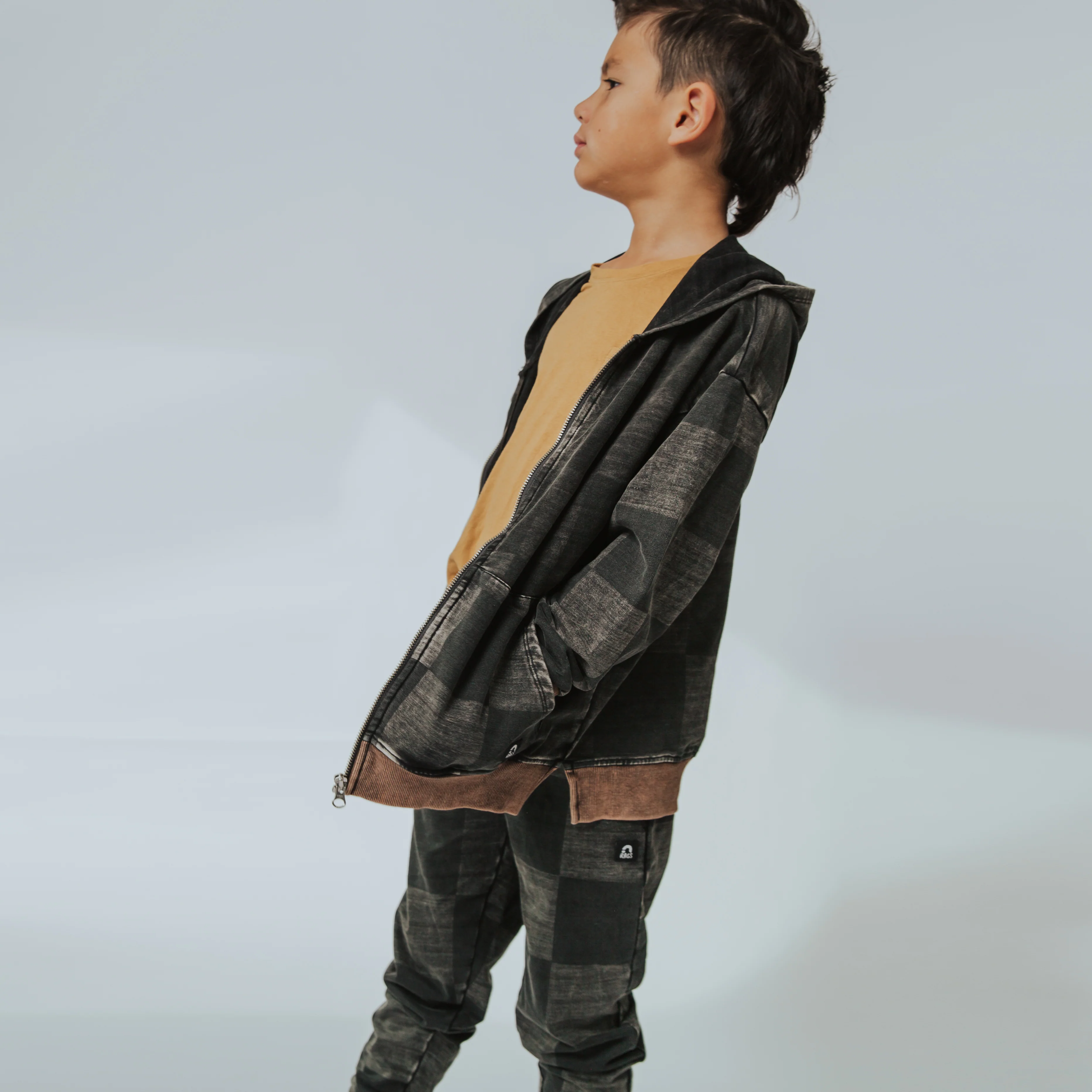 Zip Up Hoodie - Washed Black Denim Check - Image 10