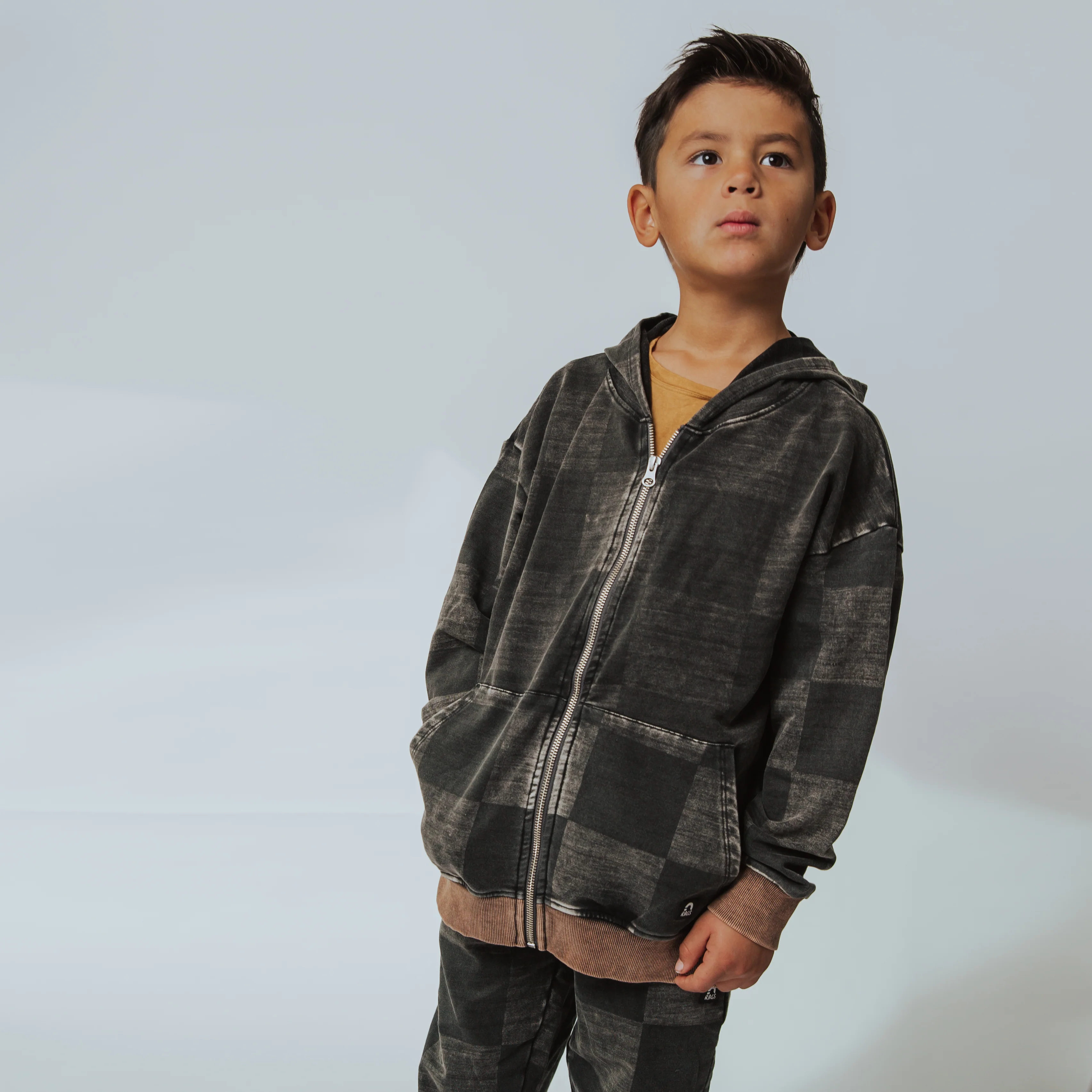 Zip Up Hoodie - Washed Black Denim Check - Image 11