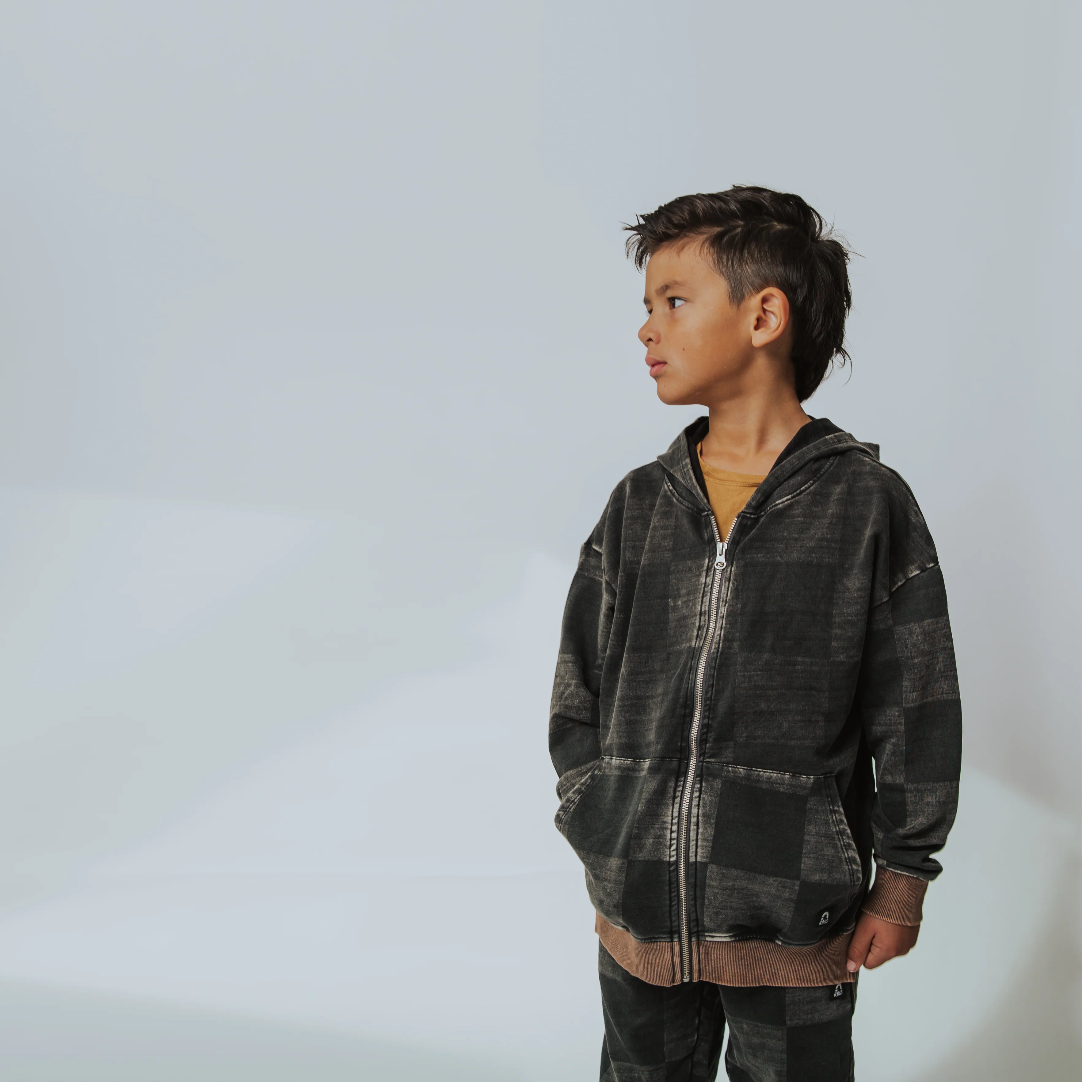Zip Up Hoodie - Washed Black Denim Check - Image 13