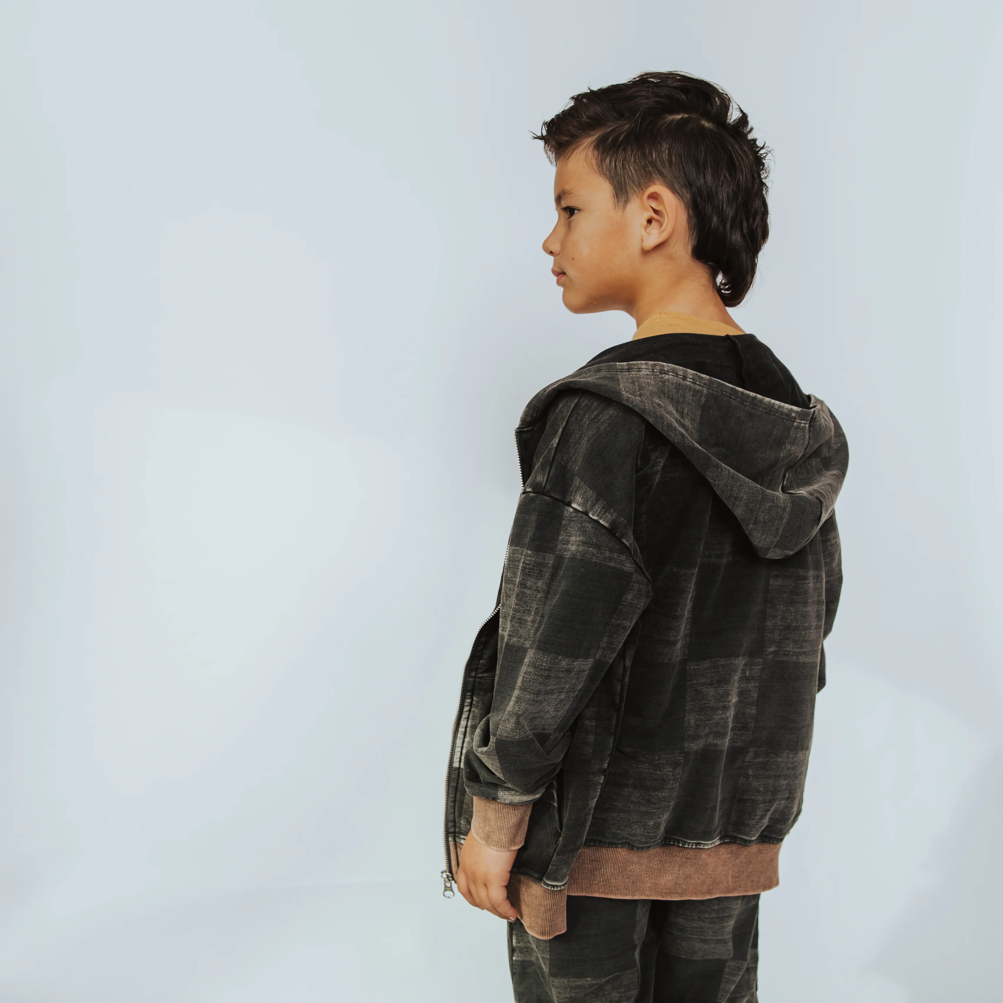 Zip Up Hoodie - Washed Black Denim Check - Image 2