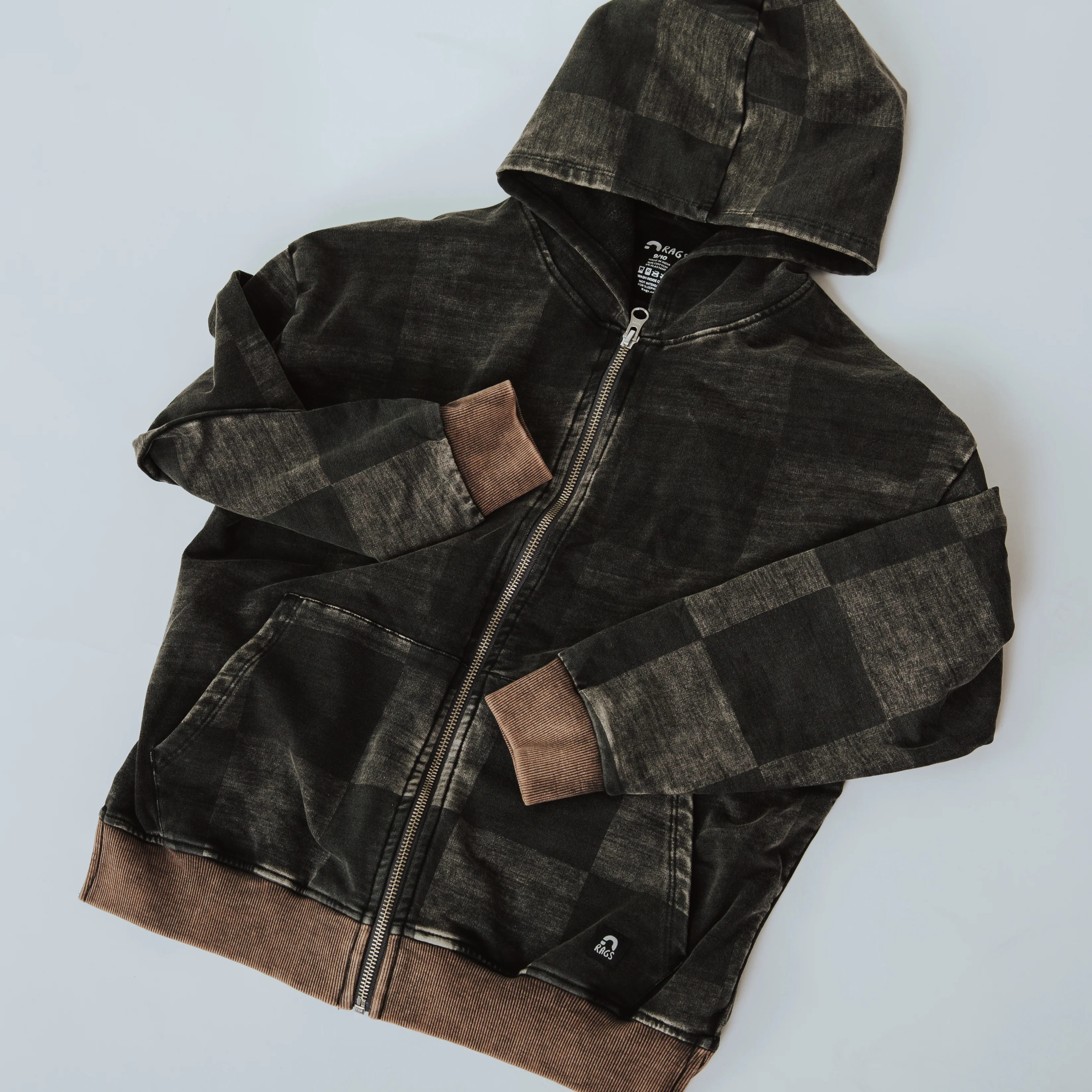 Zip Up Hoodie - Washed Black Denim Check - Image 3