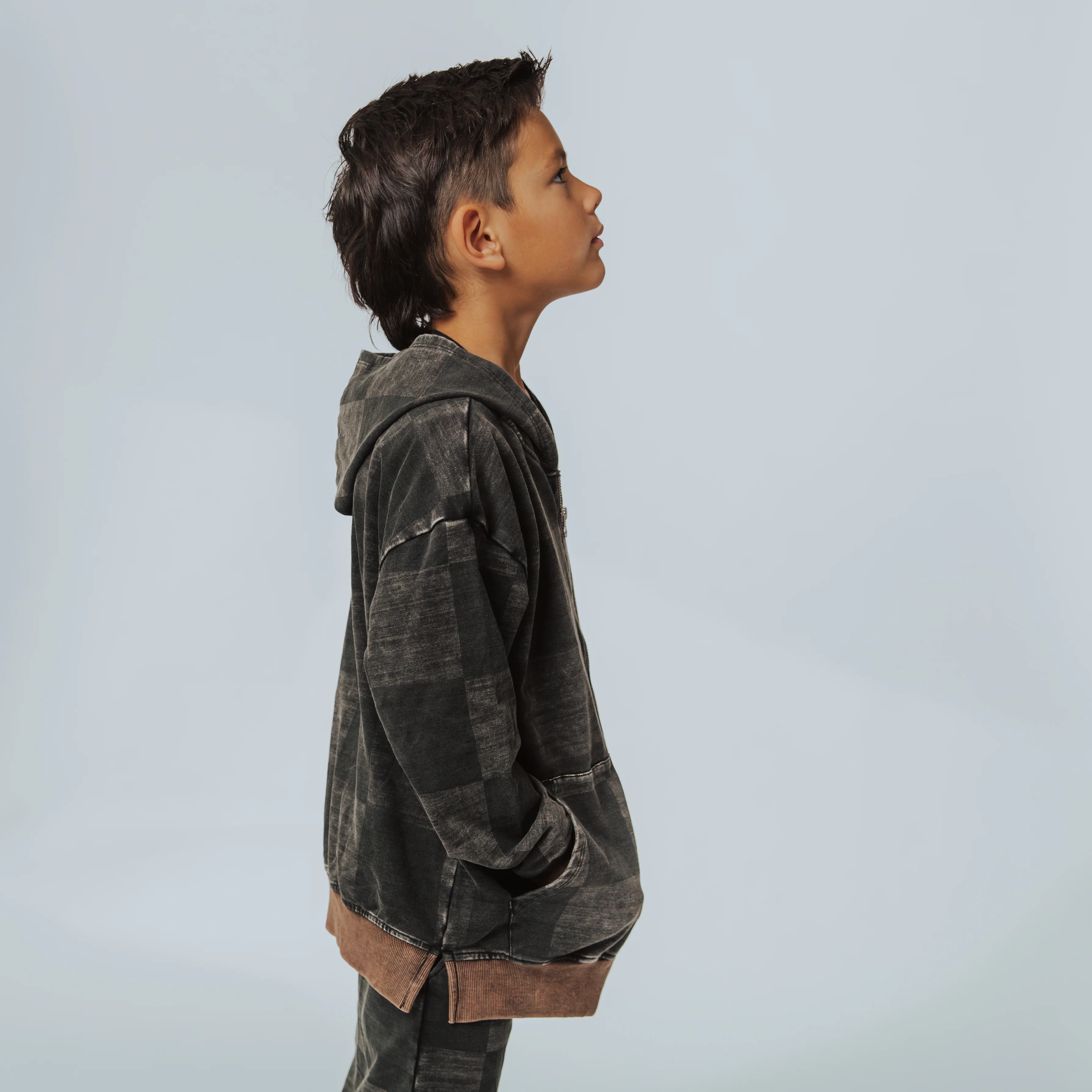 Zip Up Hoodie - Washed Black Denim Check - Image 5