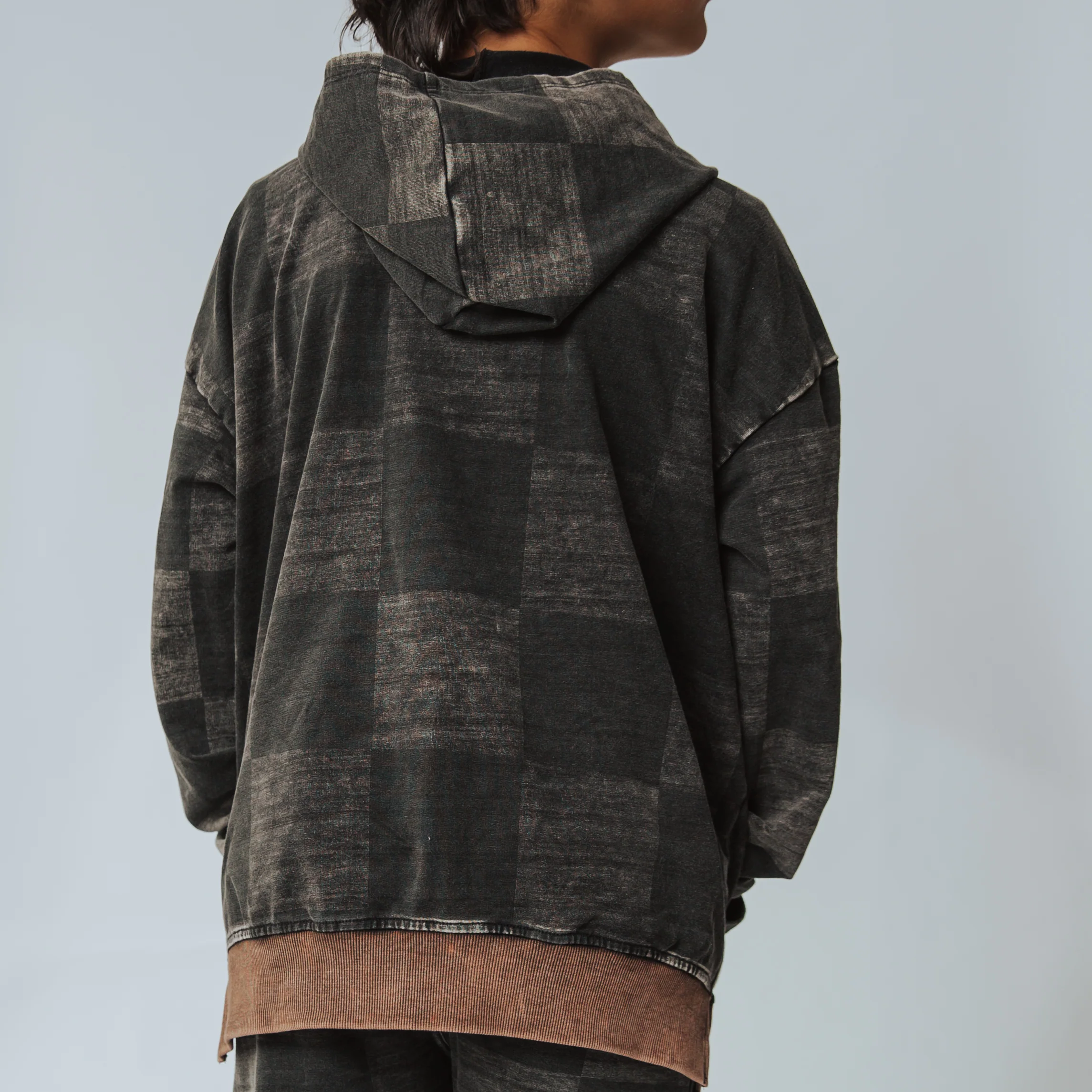 Zip Up Hoodie - Washed Black Denim Check - Image 6