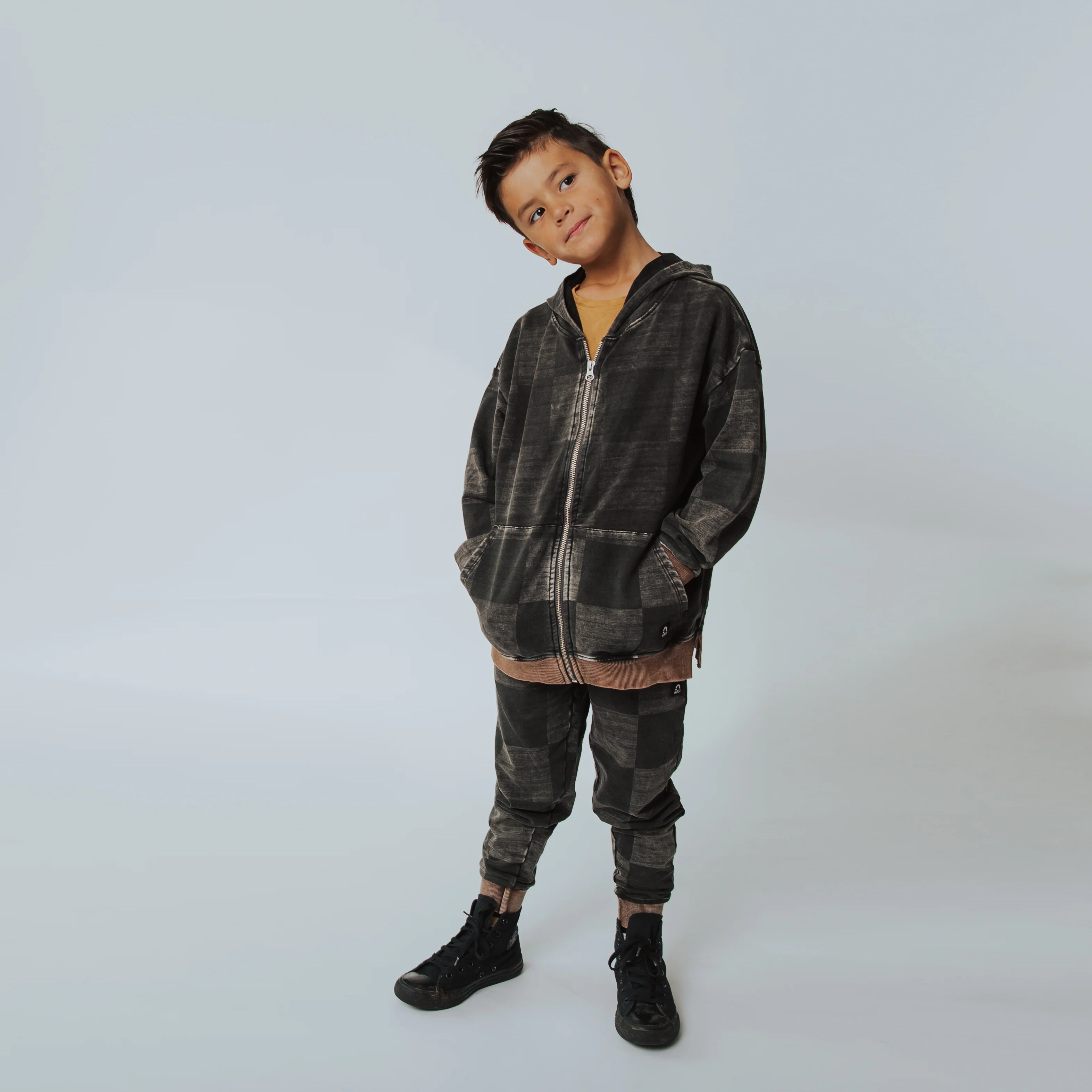 Zip Up Hoodie - Washed Black Denim Check - Image 8