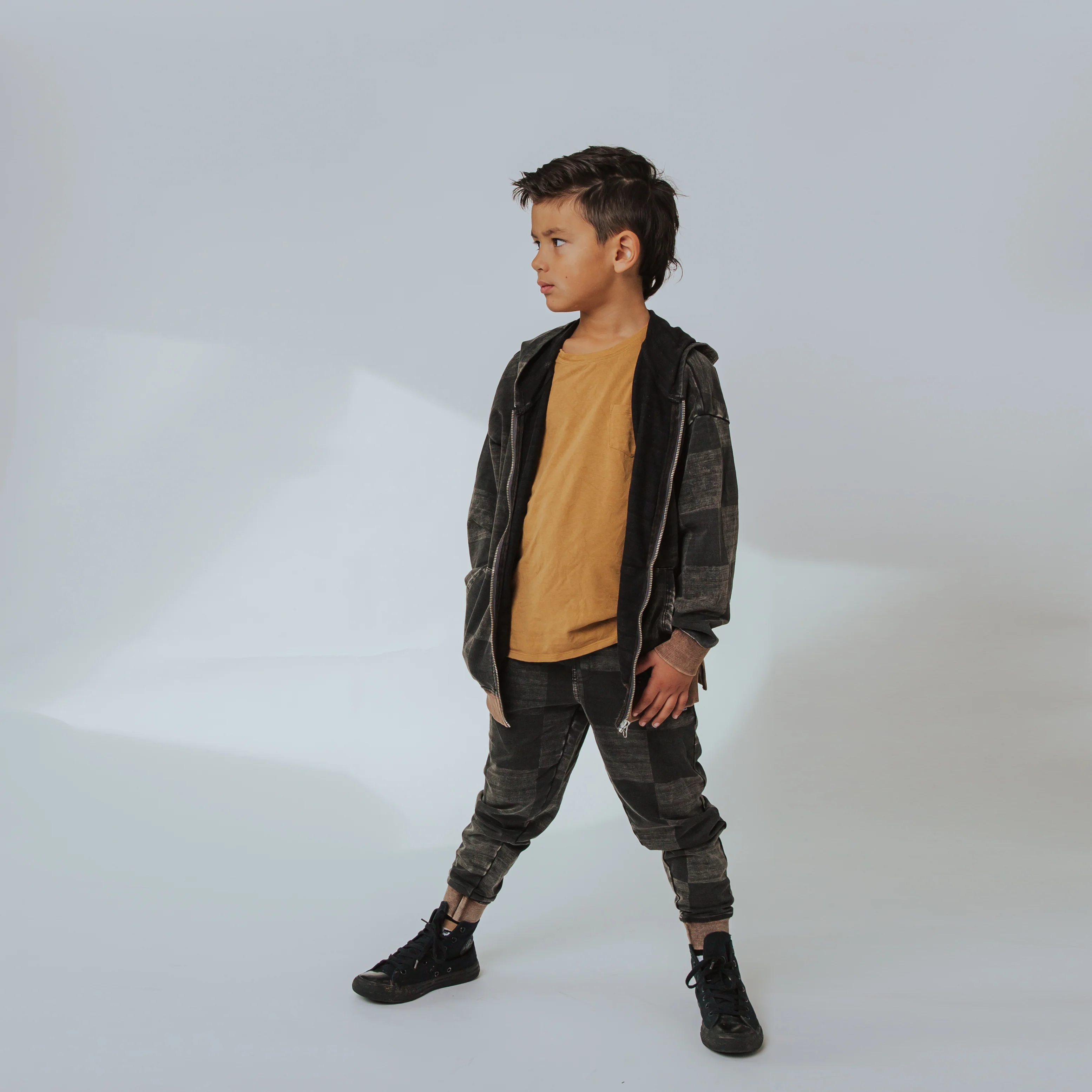 Zip Up Hoodie - Washed Black Denim Check - Image 9
