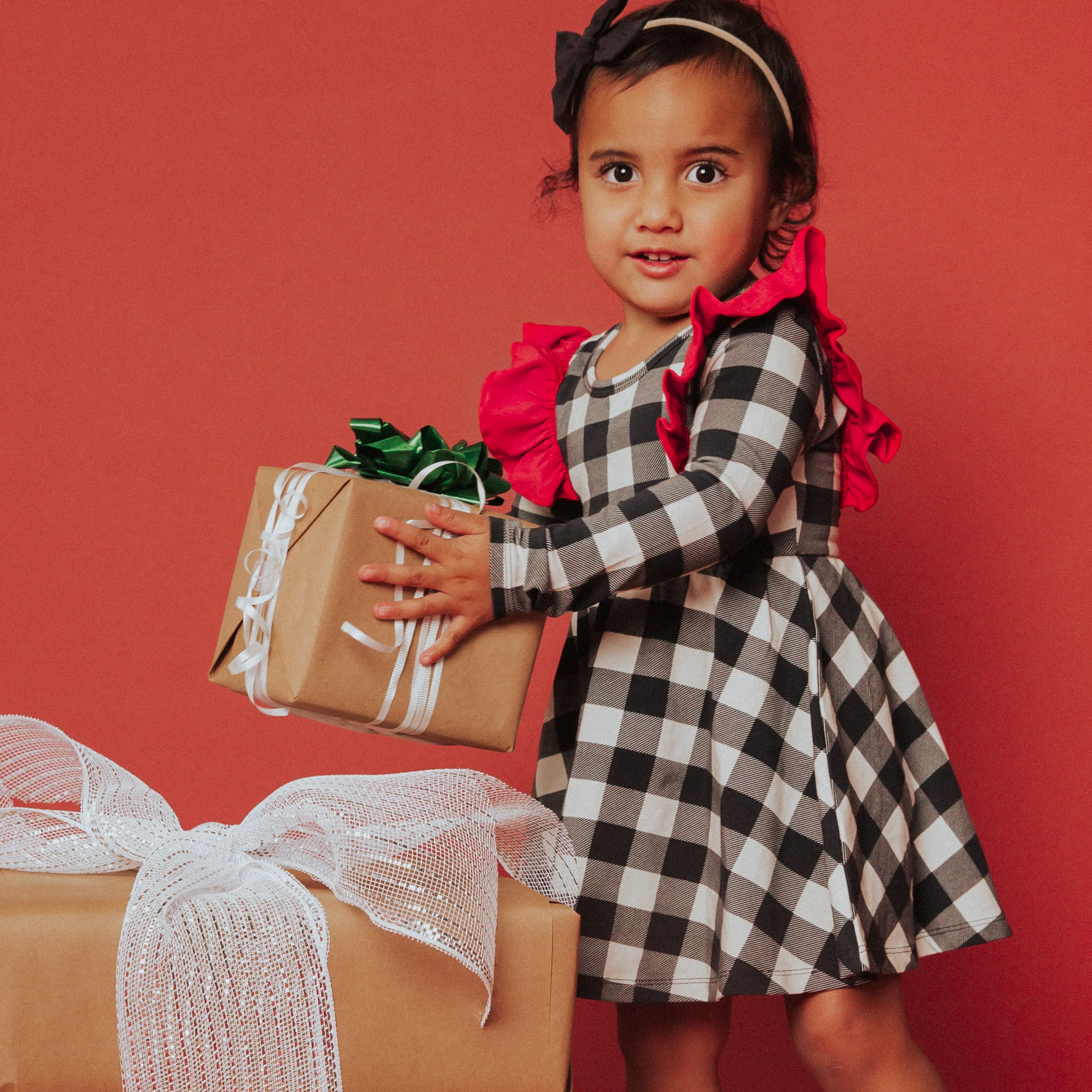 Long Sleeve Dress - 'Black & White Holiday Plaid' - Image 3