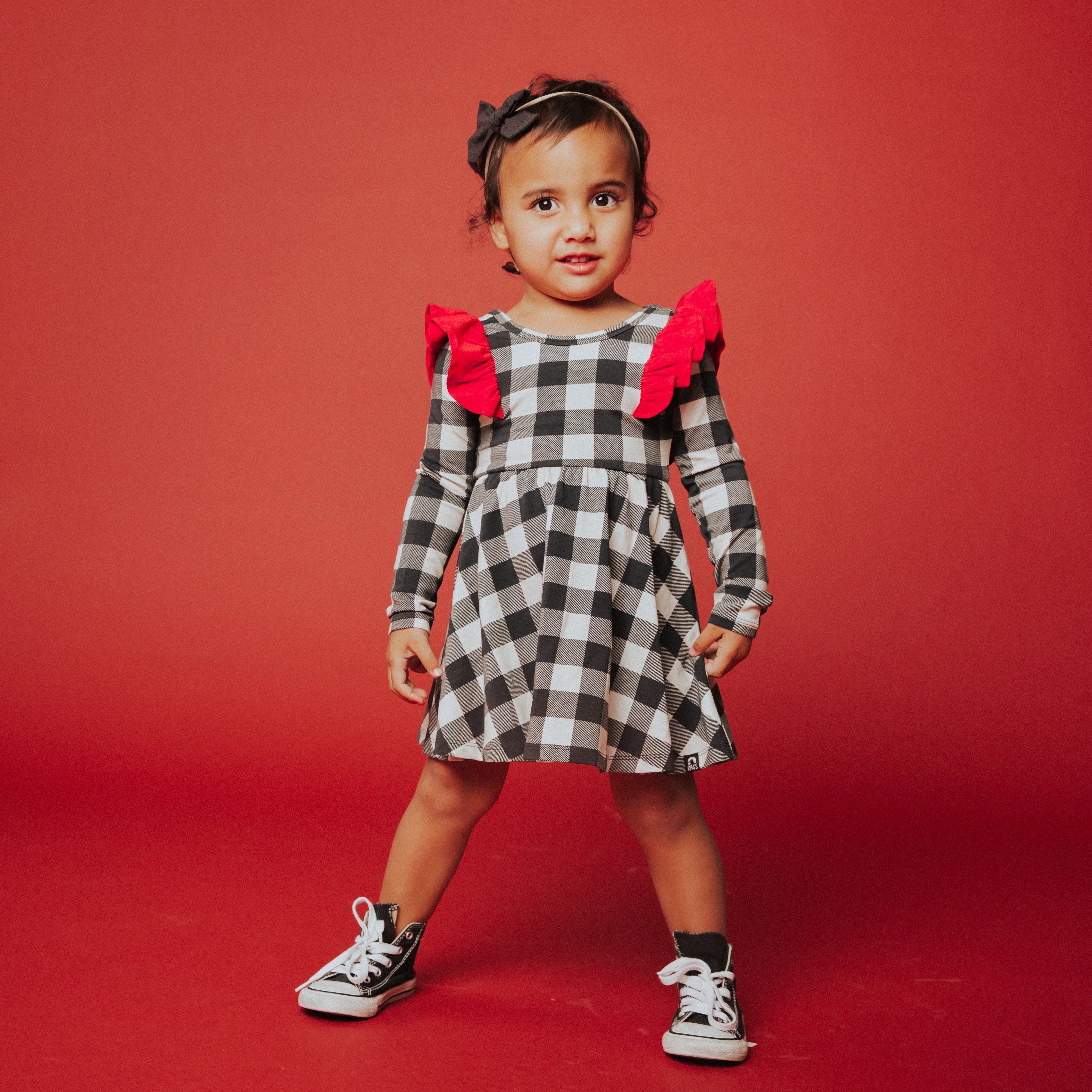 Long Sleeve Dress - 'Black & White Holiday Plaid' - Image 5