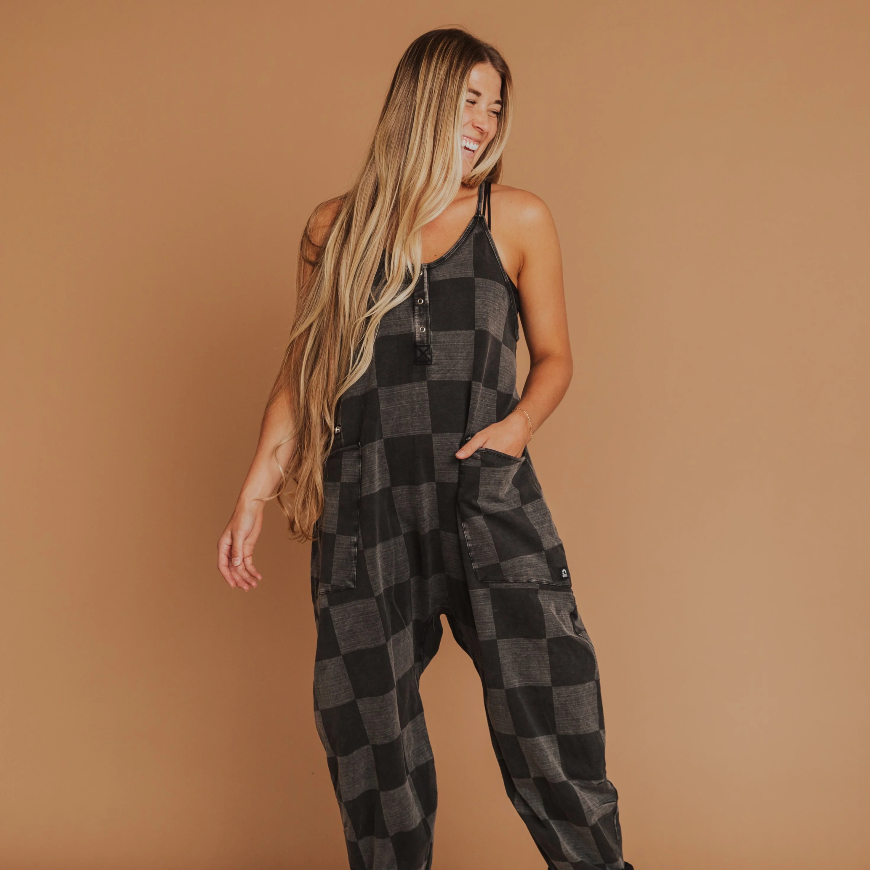 Women's Tank Romper - Black Denim Check - Image 3