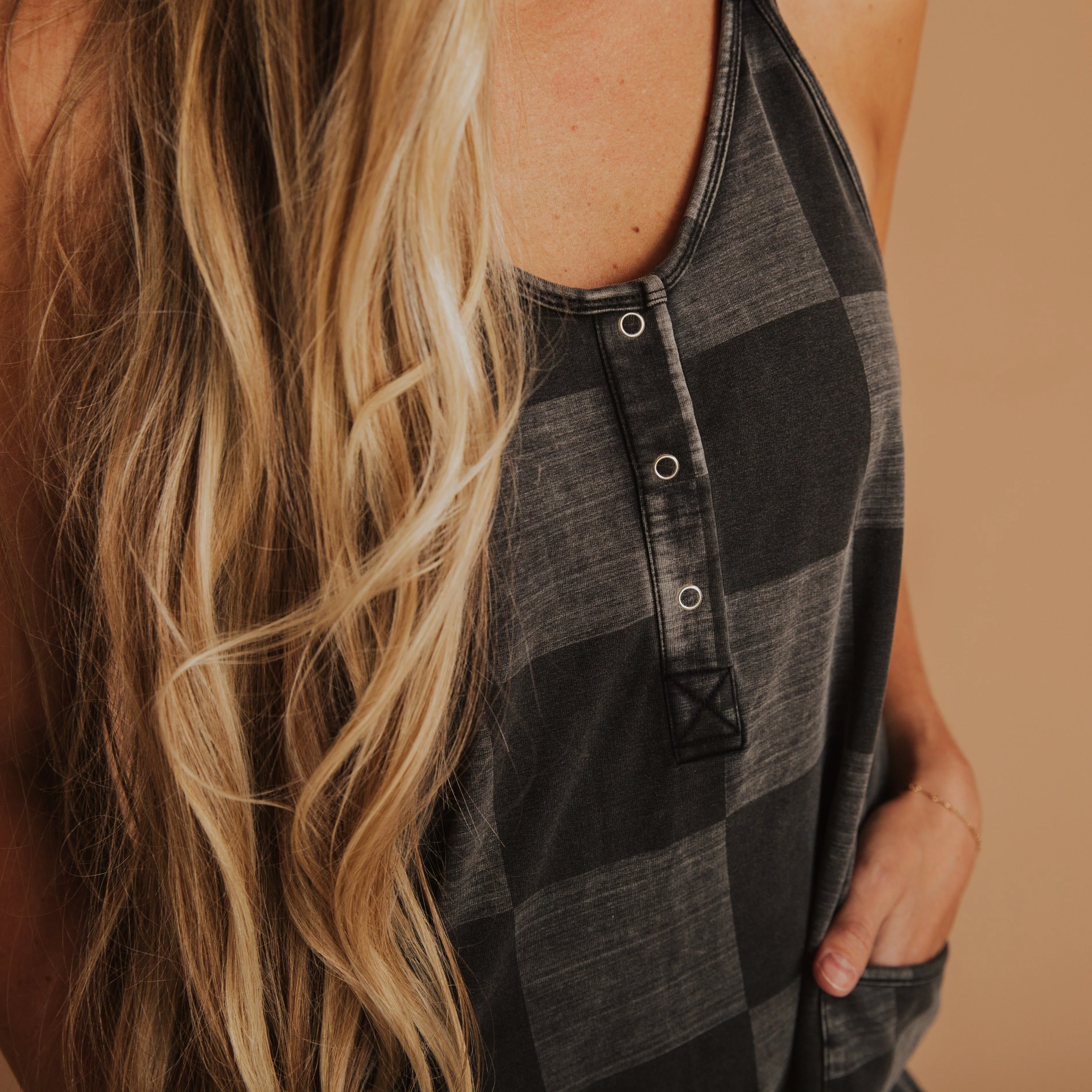 Women's Tank Romper - Black Denim Check - Image 7