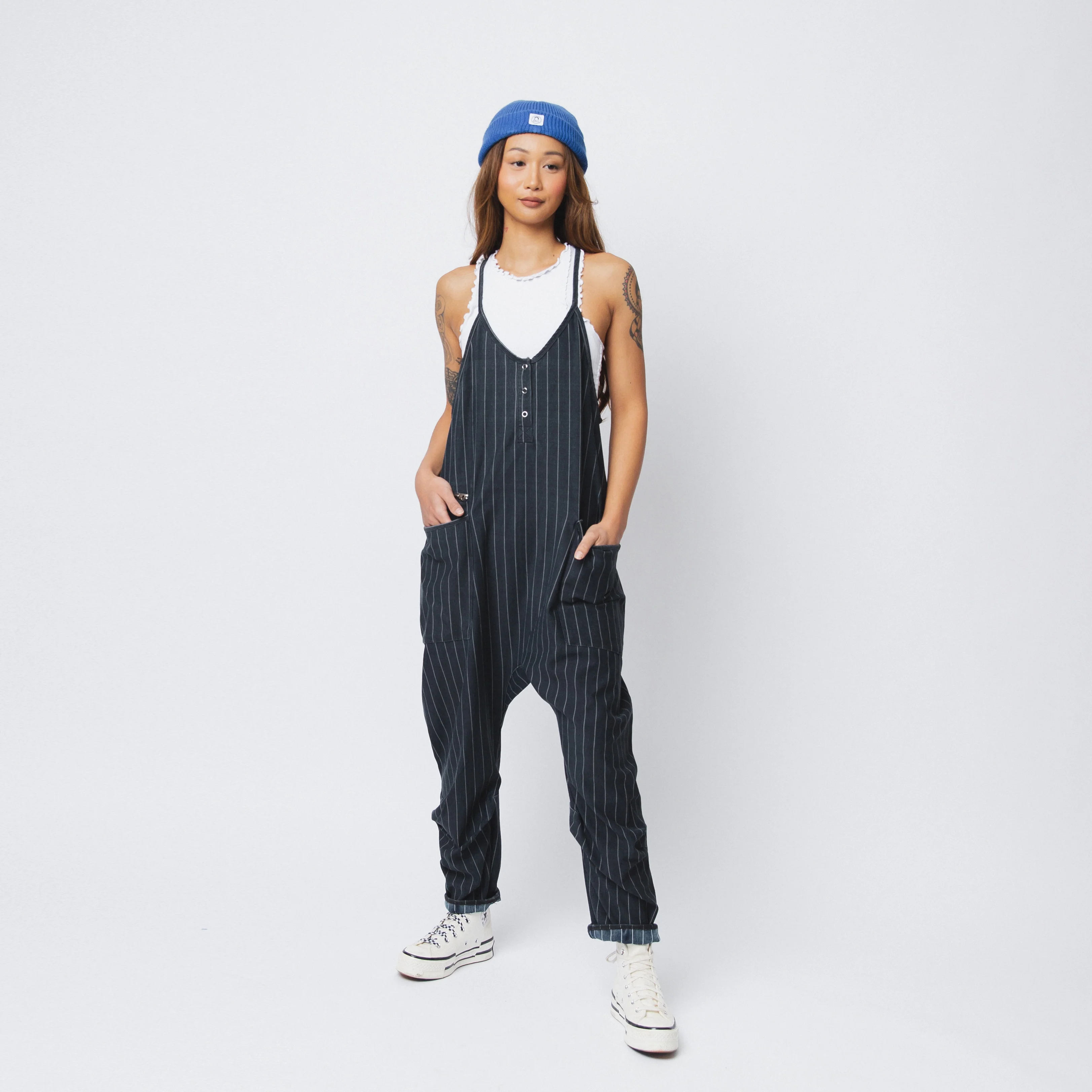 Women's Tank Romper - Light Black Pinstripe