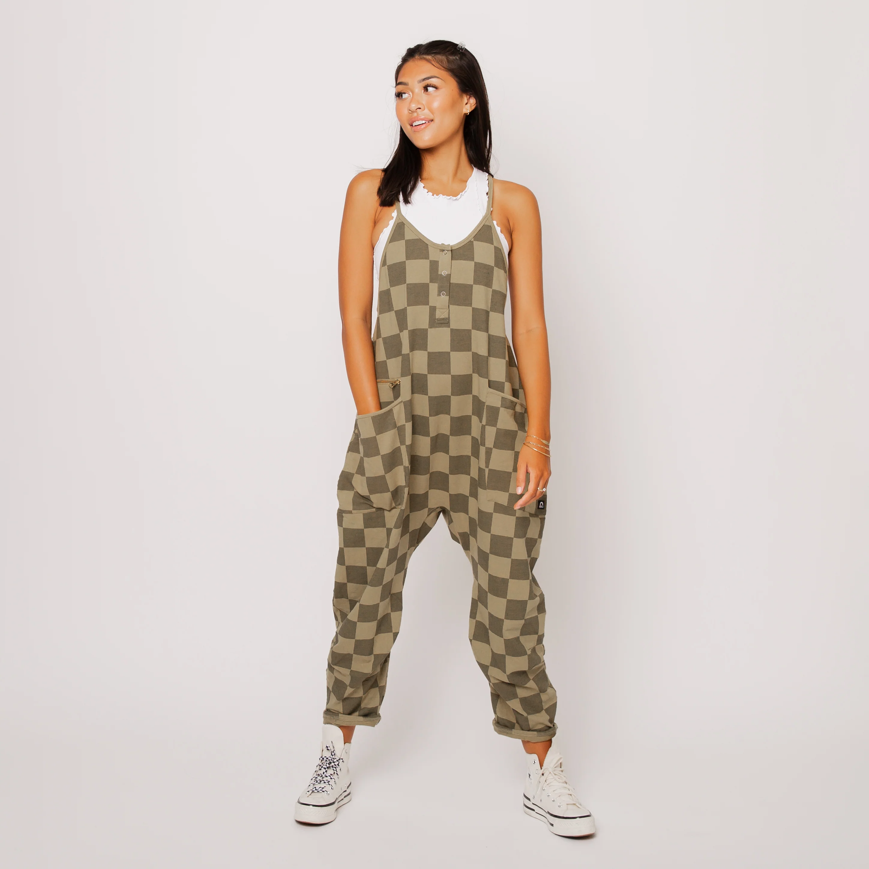 Women's Tank Romper - Olive Mono Check - Image 3