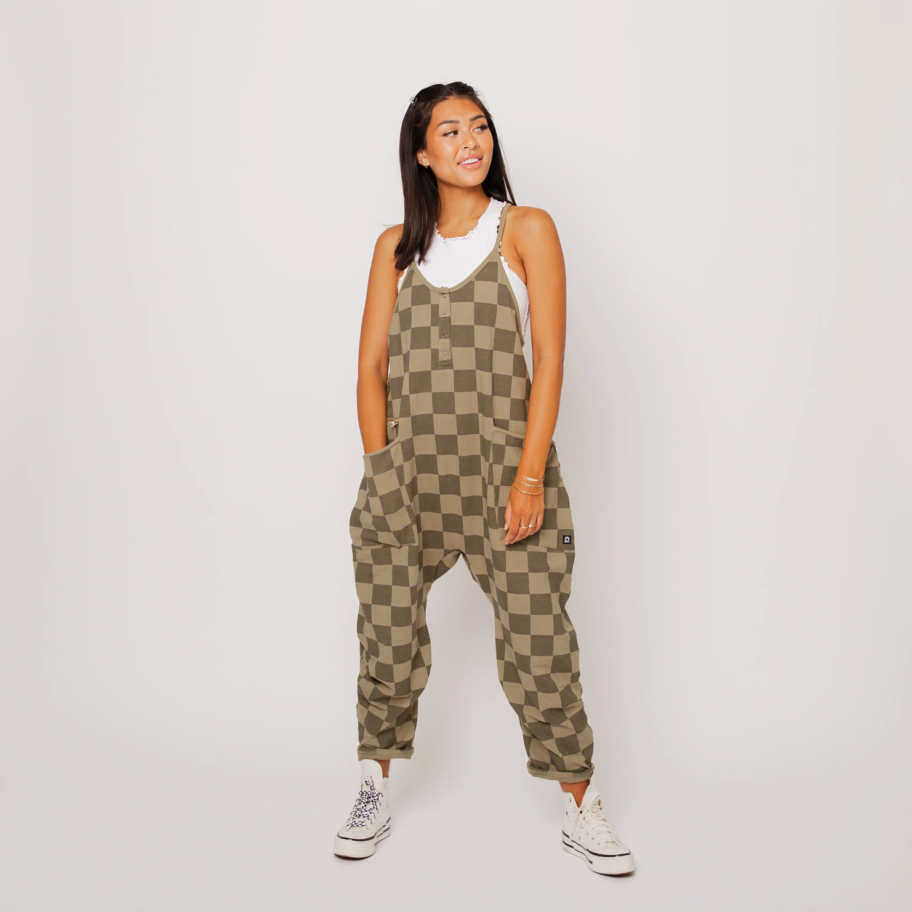 Women's Tank Romper - Olive Mono Check - Image 4