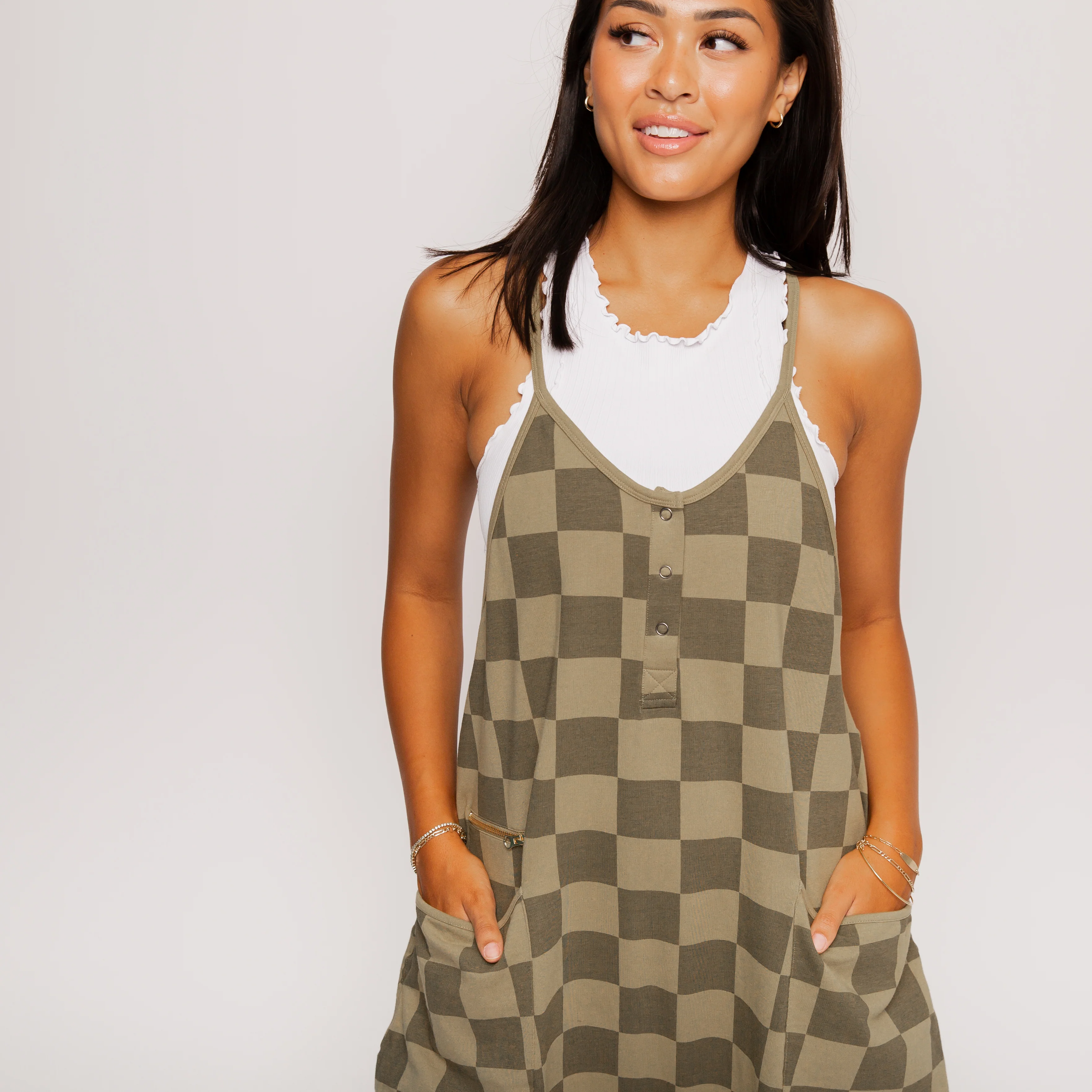 Women's Tank Romper - Olive Mono Check - Image 6