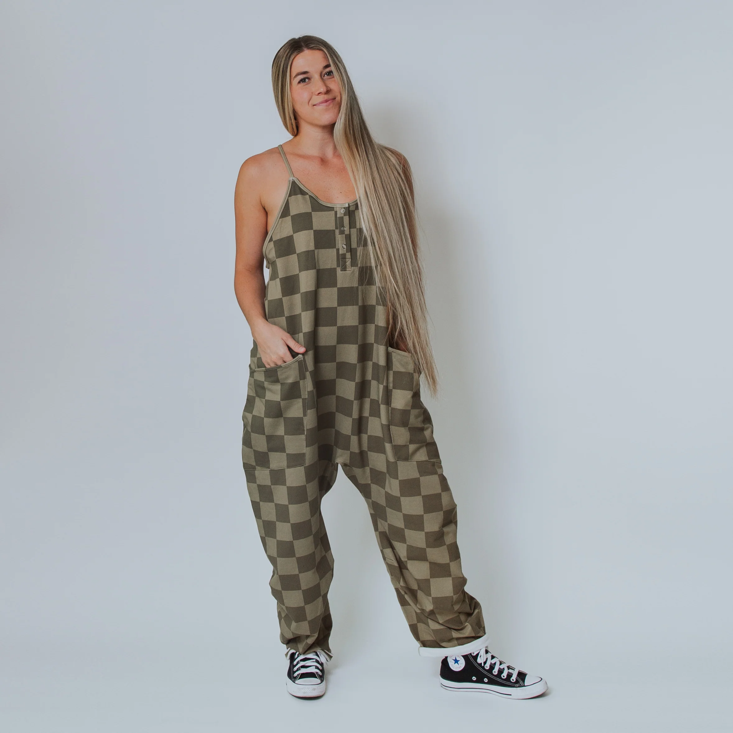 Women's Tank Romper - Olive Mono Check - Image 7