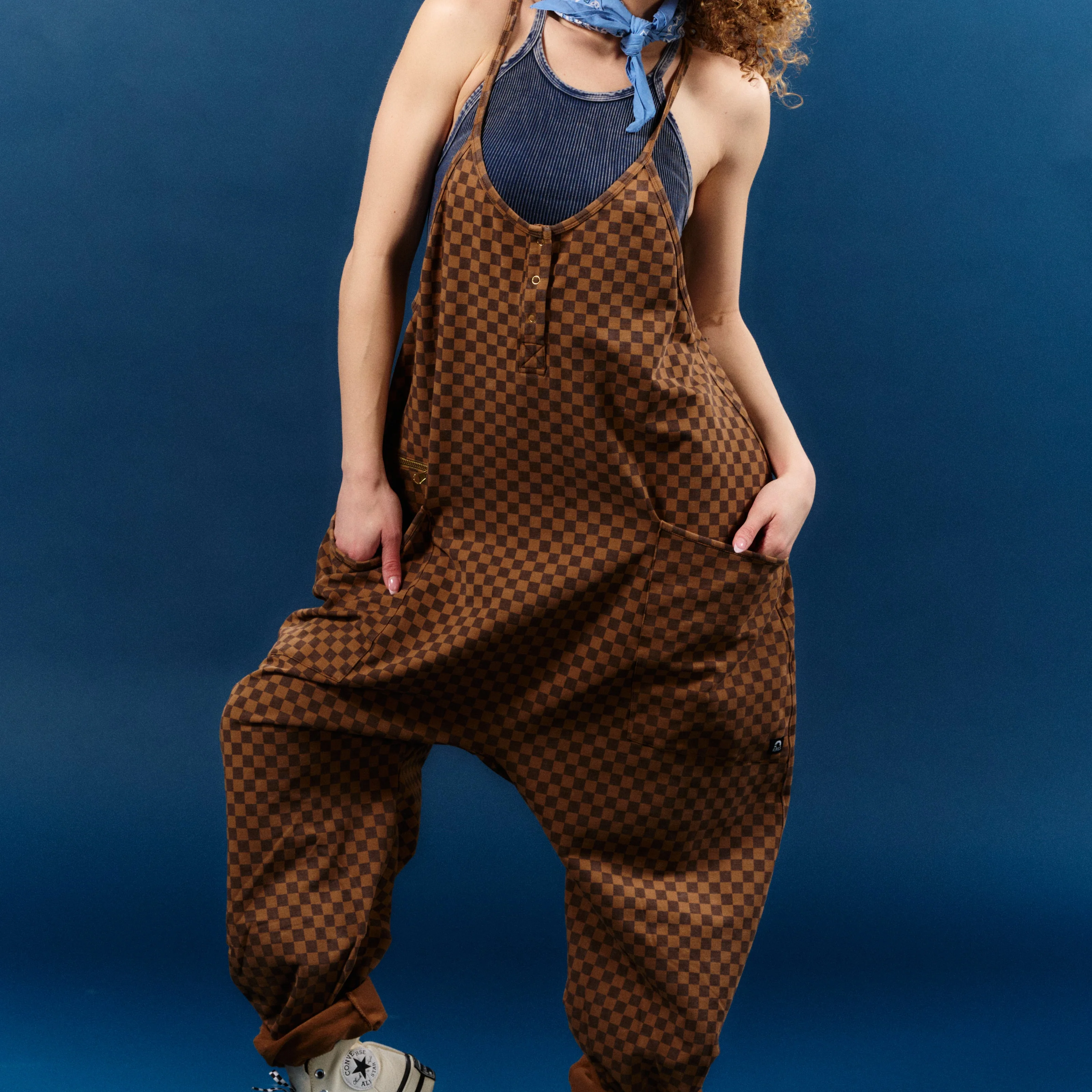 Women's Tank Romper - Washed Cocoa Brown Mini Check - Image 3