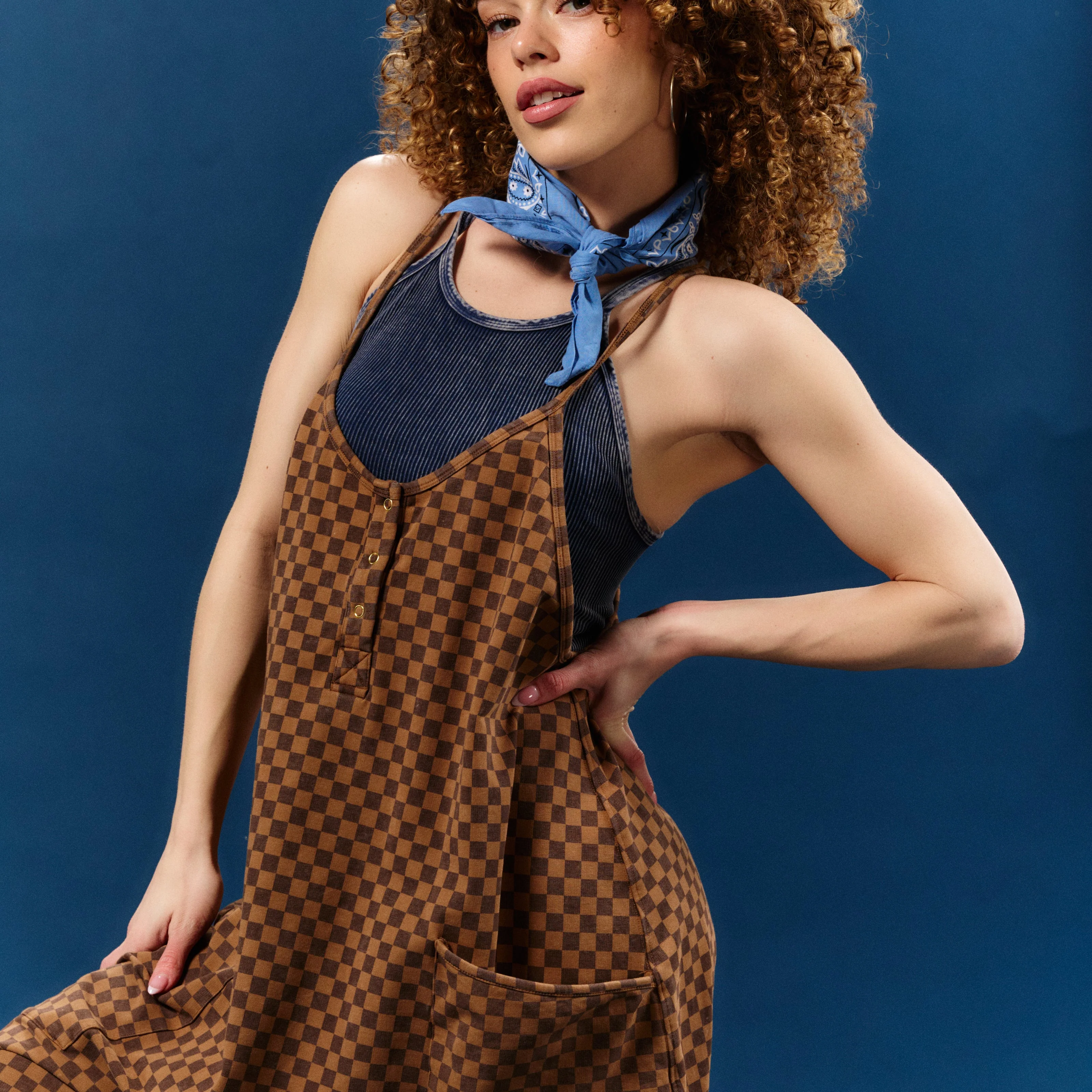 Women's Tank Romper - Washed Cocoa Brown Mini Check - Image 5