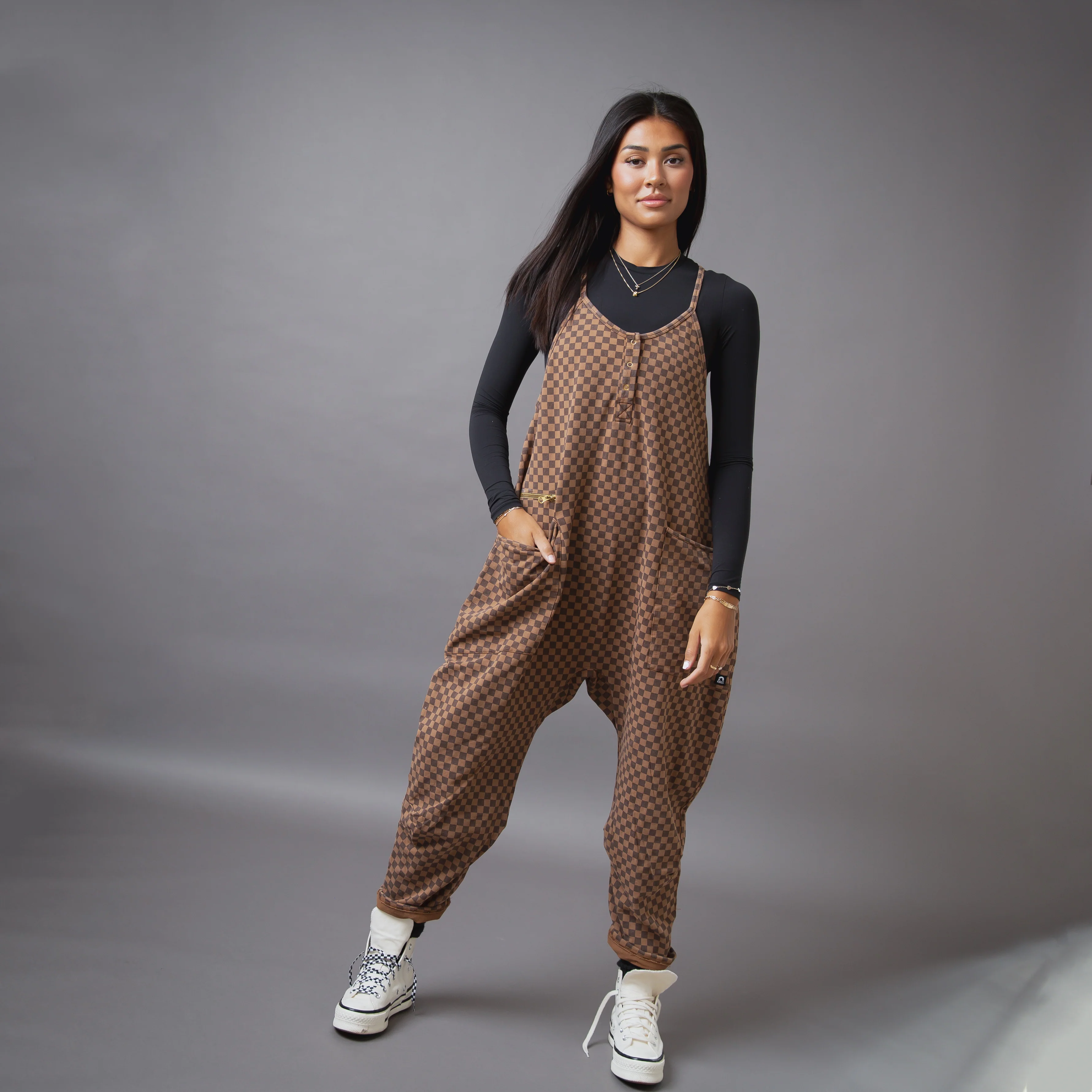 Women's Tank Romper - Washed Cocoa Brown Mini Check - Image 7