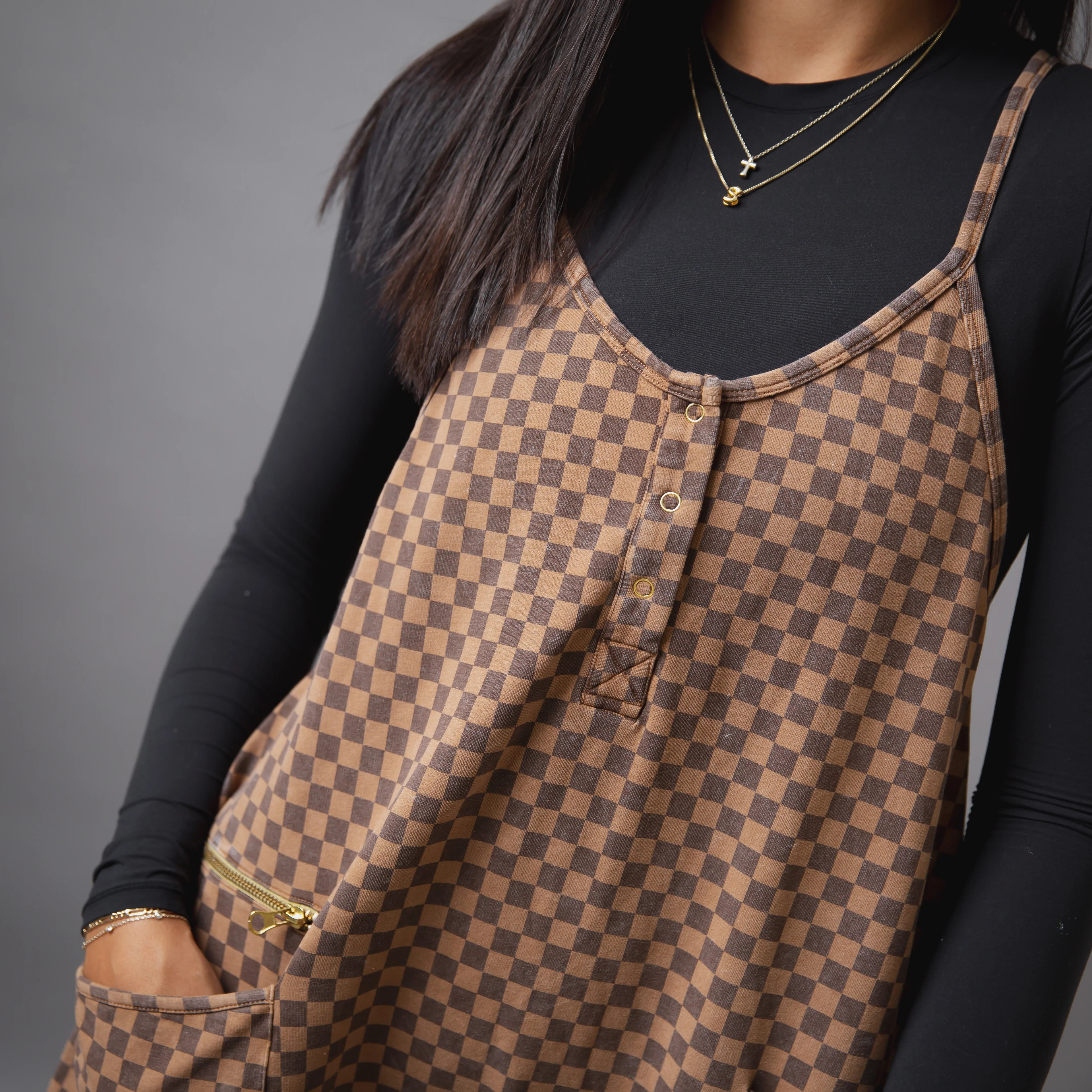 Women's Tank Romper - Washed Cocoa Brown Mini Check - Image 8